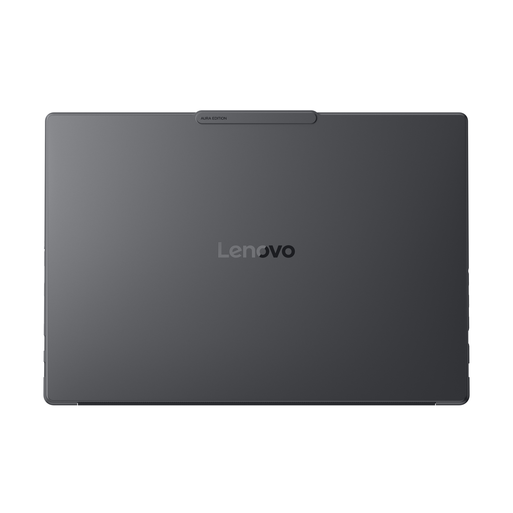 Geschlossener grauer Lenovo Aura Edition Laptop mit zentriertem Logo von oben gesehen.