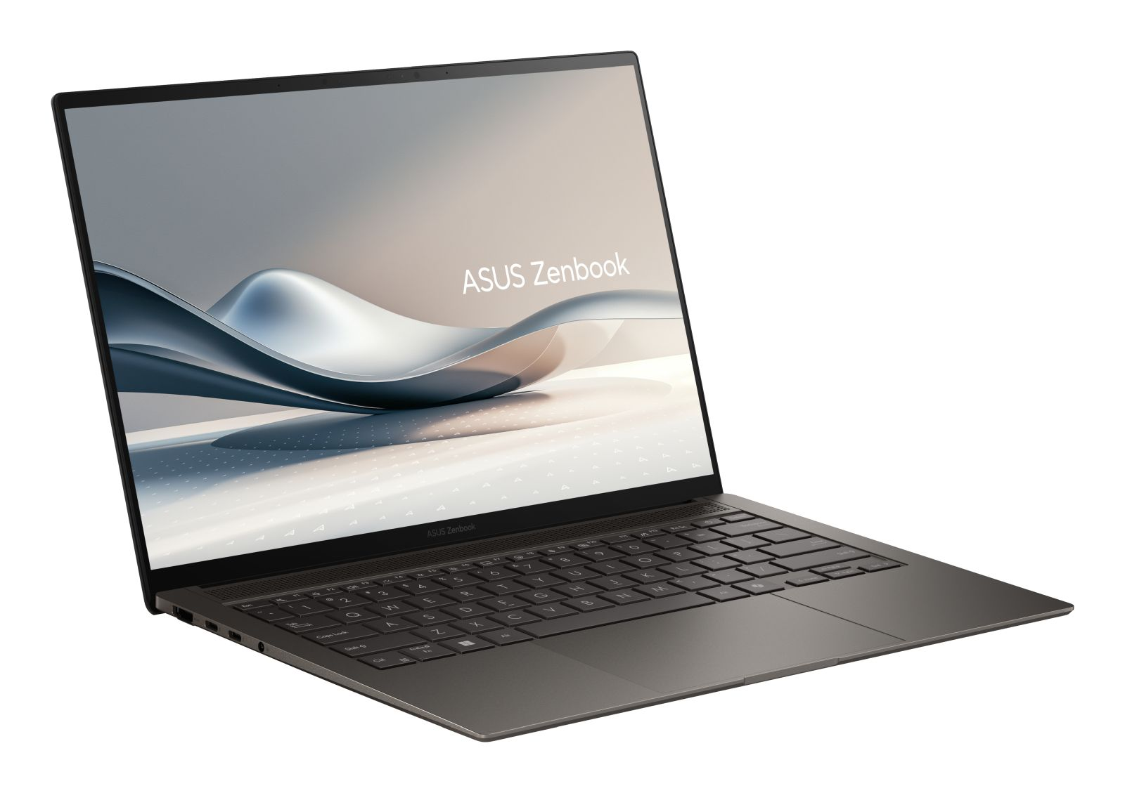 Ein offener, dunkelgrauer Asus Zenbook Laptop mit Hintergrundbild steht auf einer weißen Oberfläche vor hellem Hintergrund.