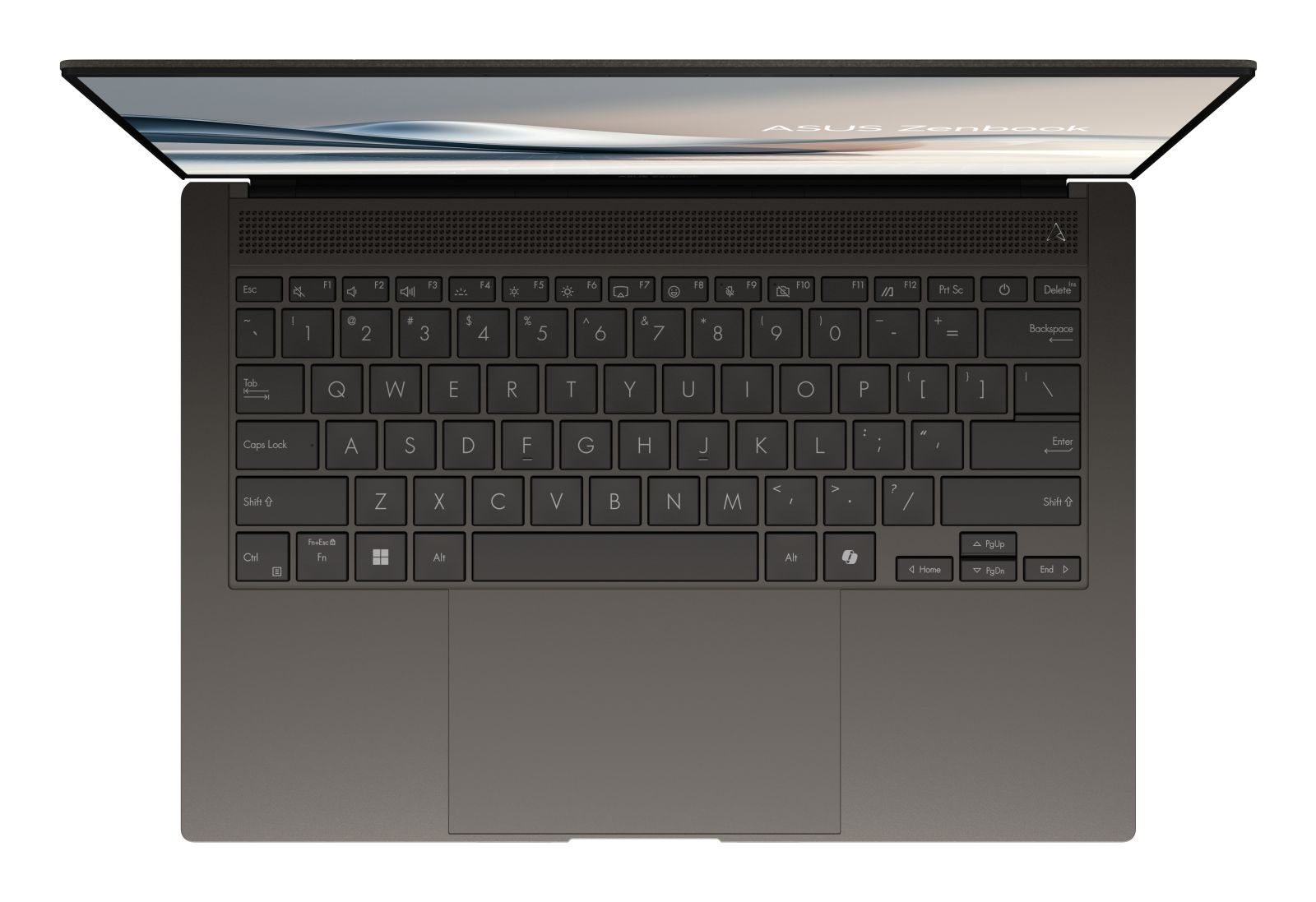 Draufsicht eines offenen grauen Laptops mit beleuchteter QWERTZ-Tastatur und integriertem Touchpad.