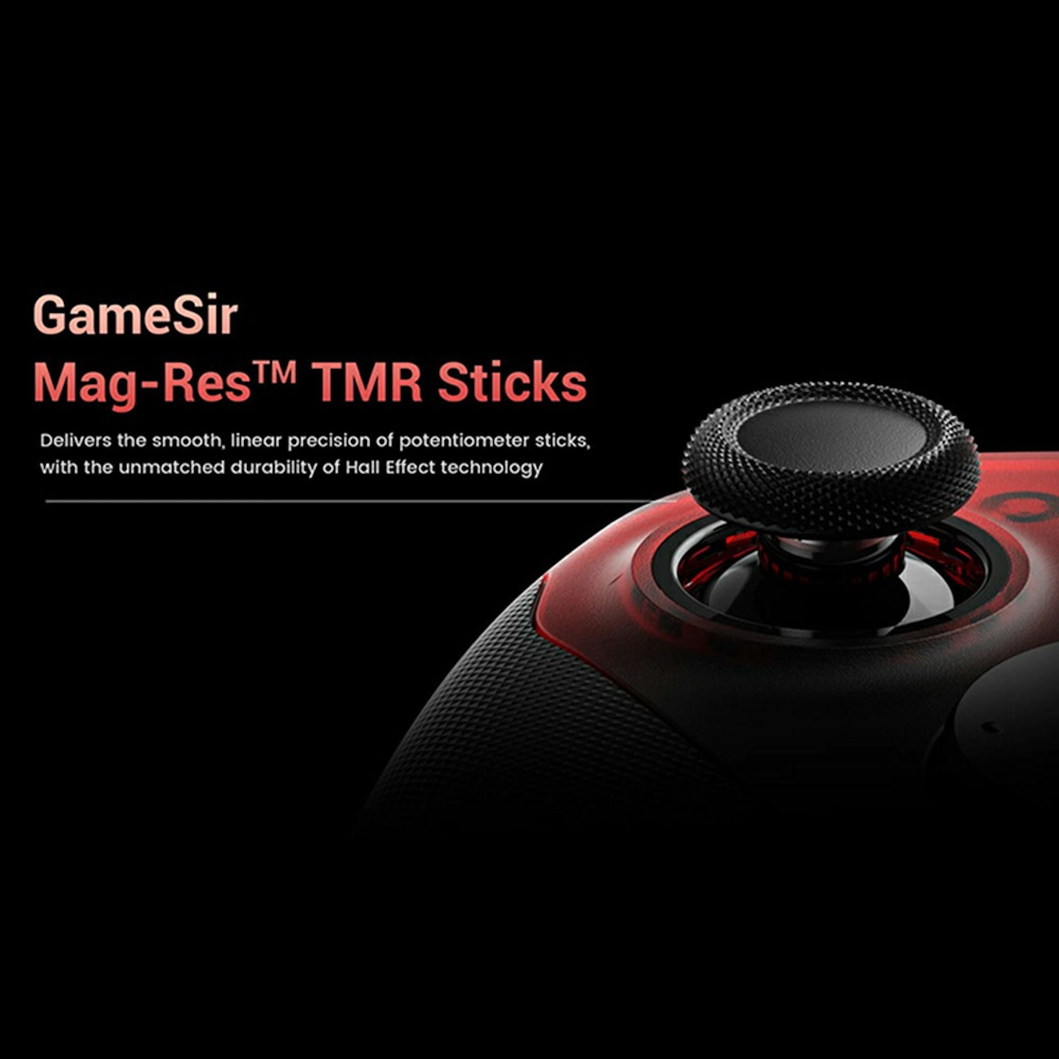Close-up eines roten GameSir-Controllers mit TMR-Sticks vor schwarzem Hintergrund und Text.