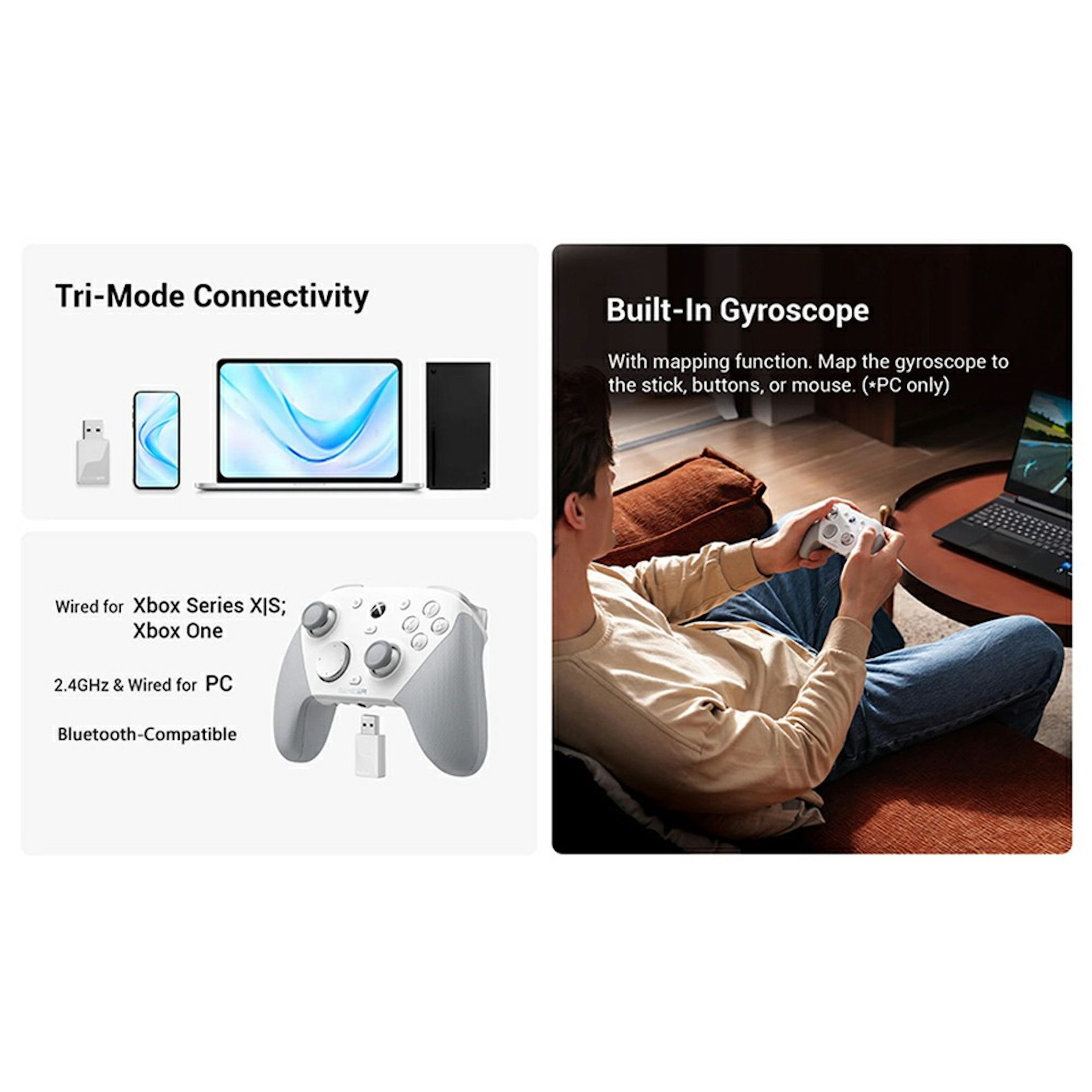 Ein Mann sitzt auf einer Couch und bedient einen weißen Controller, mit Grafiken zu Konnektivität und Gyroskop.