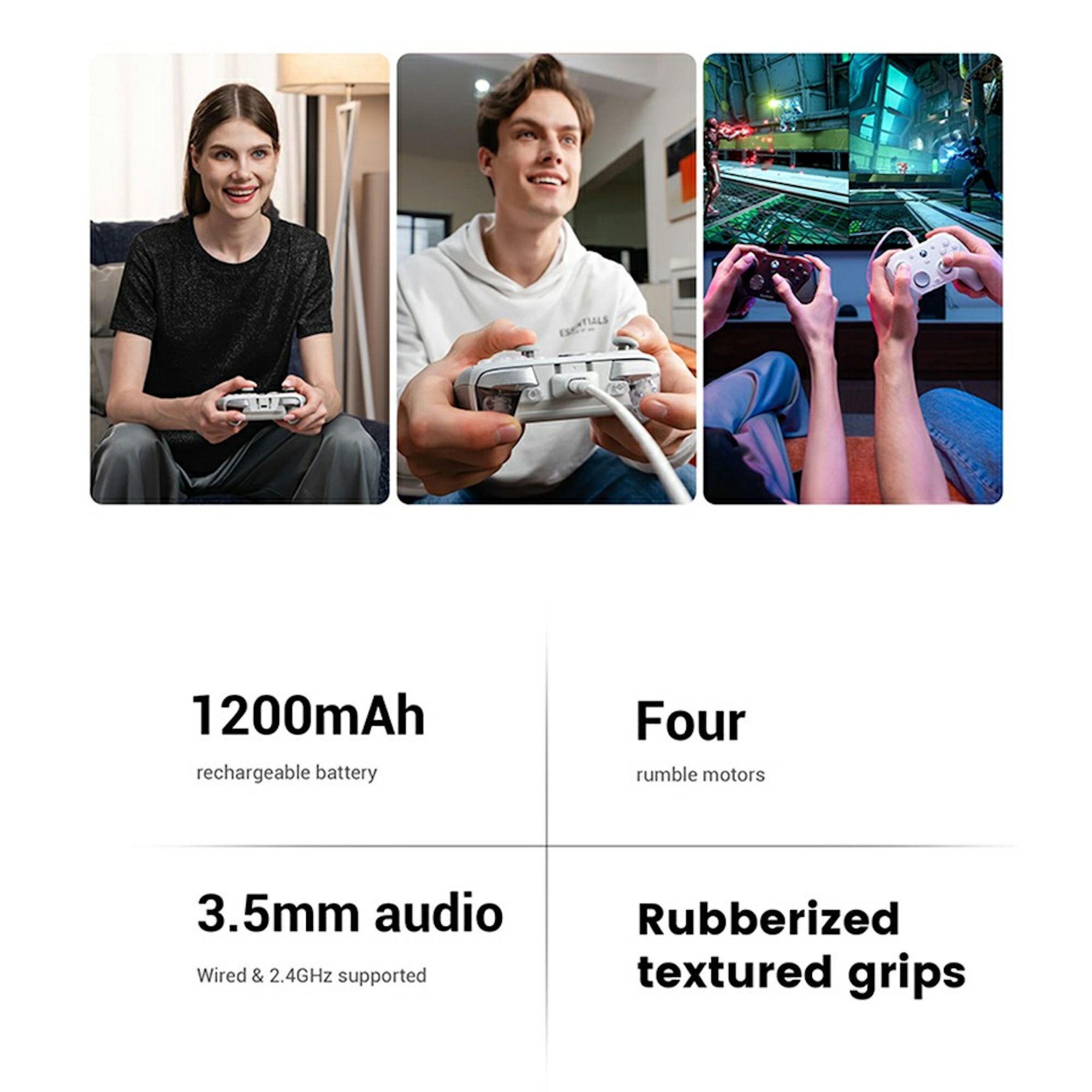 Personen spielen mit Controller Videospiele; beworben werden Akku, Rumble-Motoren und Audio.