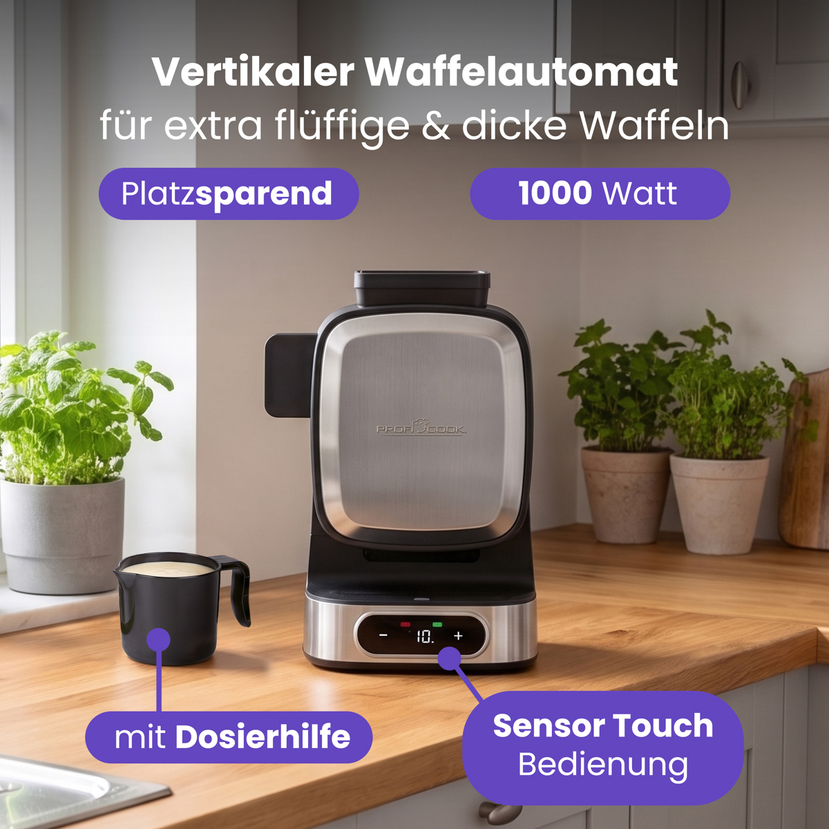 Ein vertikaler Waffelautomat auf einer Holztheke mit Messbecher, Topfpflanzen und Werbetexten.