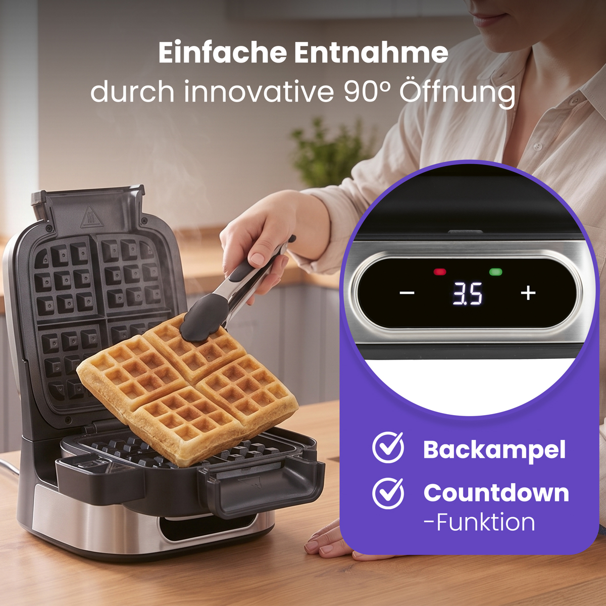 Waffeleisen auf Holztisch, eine Person nimmt frisch gebackene Waffeln mit Zange heraus.