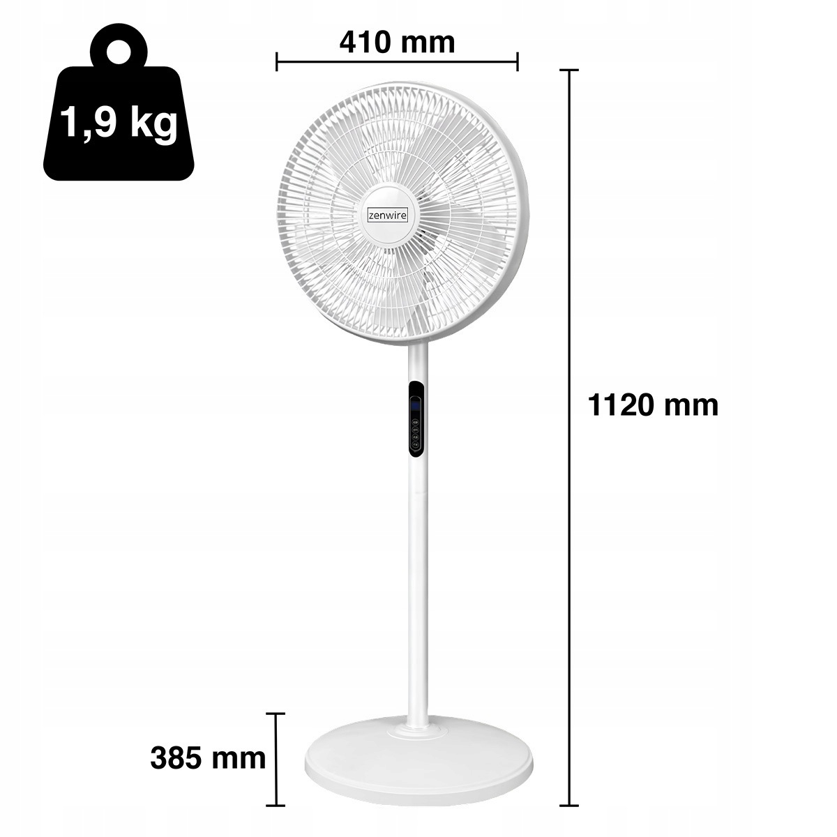 Biały wentylator stojący z wymiarami: 1120 mm wysokości, 410 mm szerokości czaszy, 385 mm podstawy i wadze 1,9 kg.