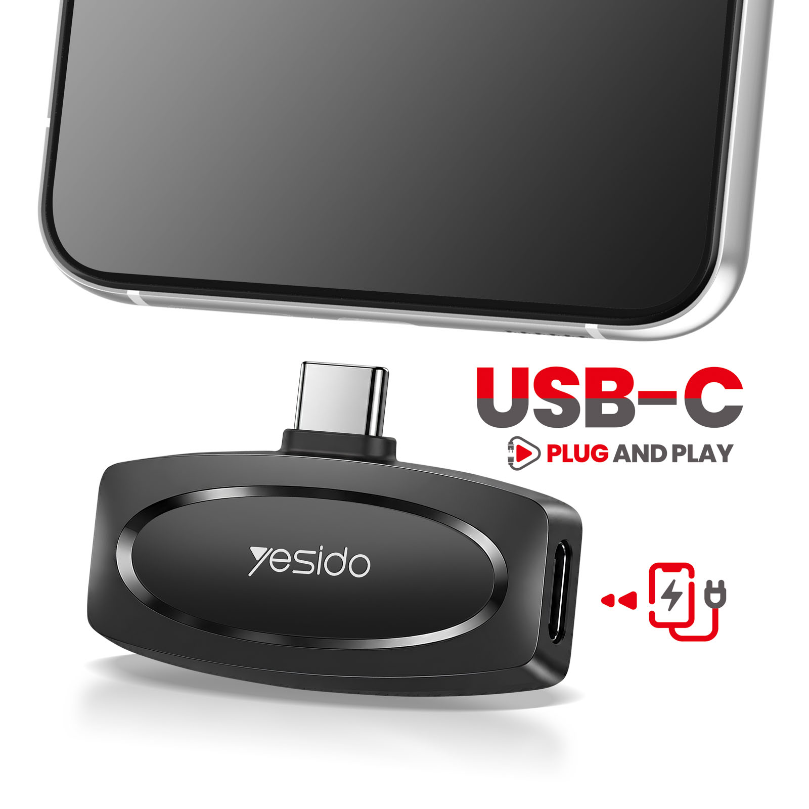 Ein schwarzer Yesido USB-C Adapter und Stecker vor einem Smartphone auf weißem Hintergrund.