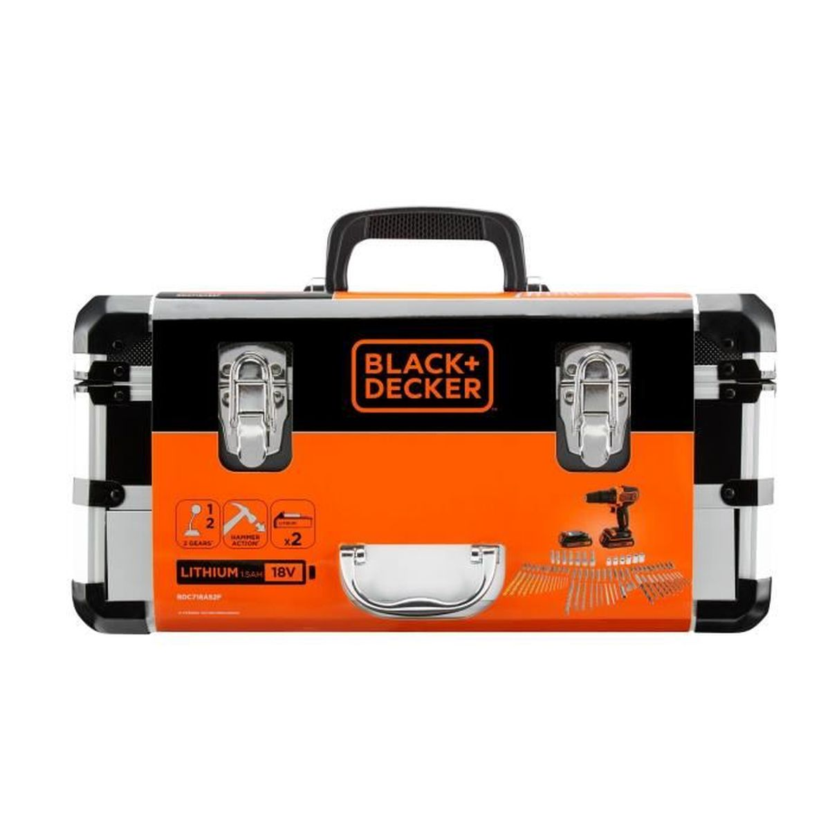 Una cassetta degli attrezzi nera e arancione Black and Decker con dettagli e maniglia argentati.
