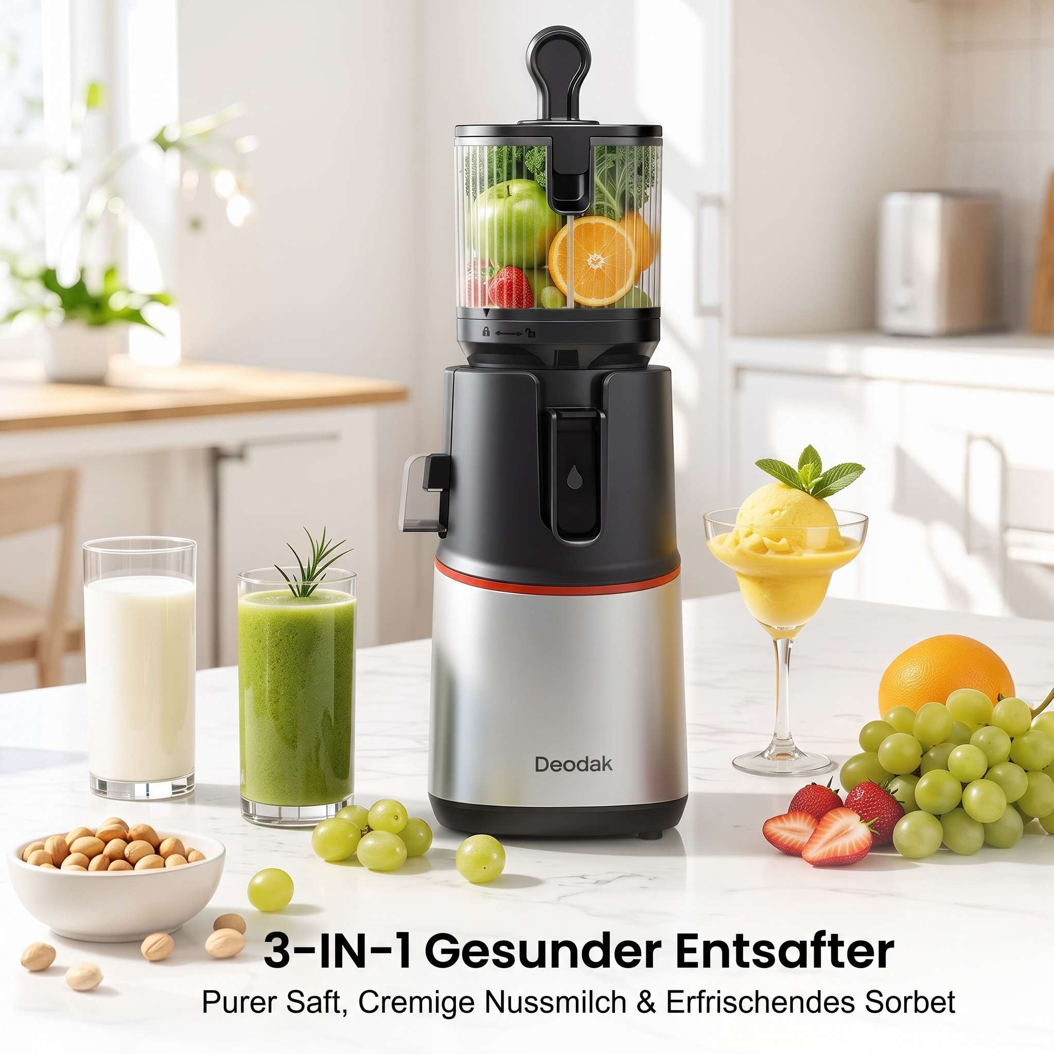 Moderne Deodak 3-in-1-Entsaftermaschine auf einer Küchentheke mit frischem Obst, Saft und Nüssen.
