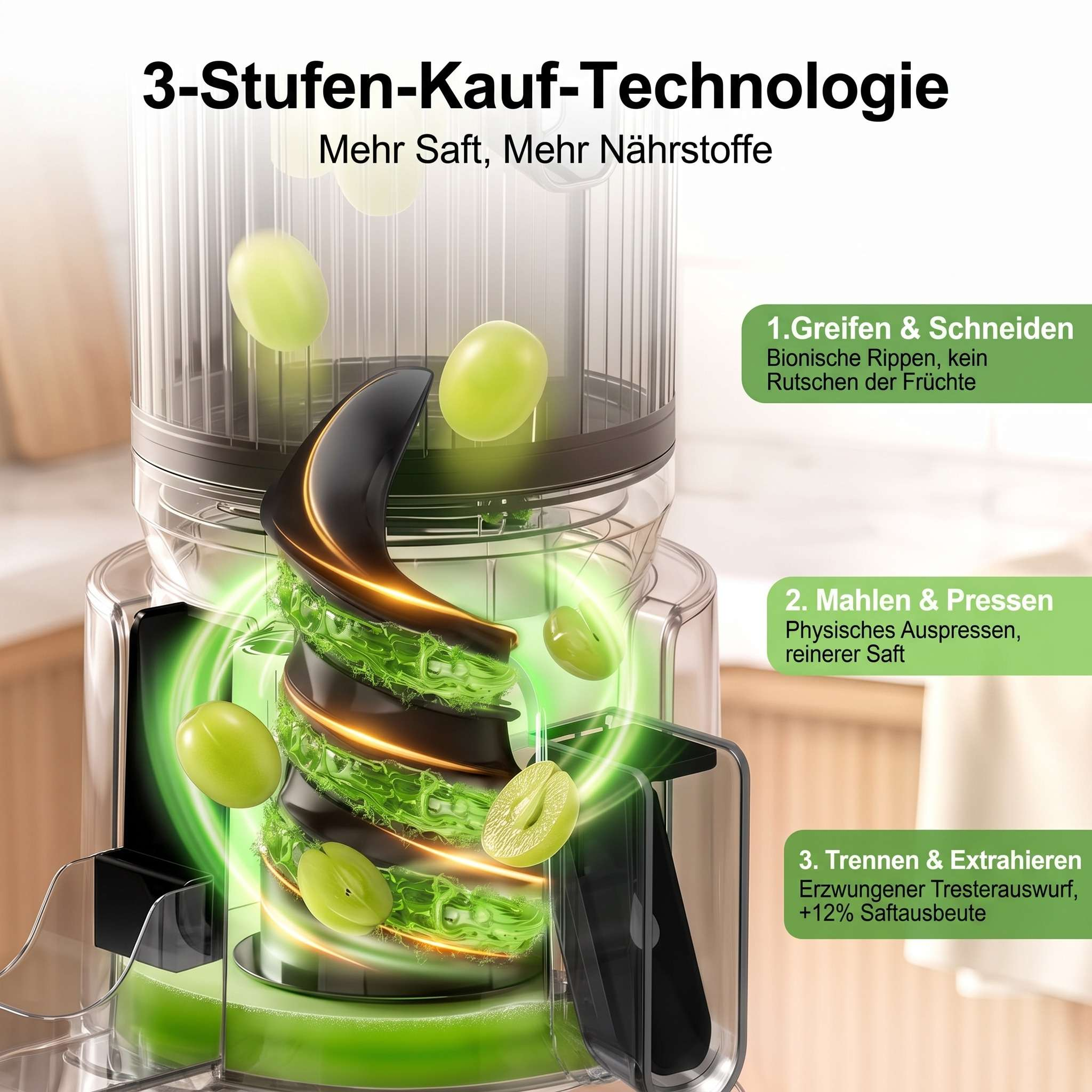 3-Stufen-Kauf-Technologie: Ein Entsafter verarbeitet grüne Trauben in drei Schritten für mehr Saft.