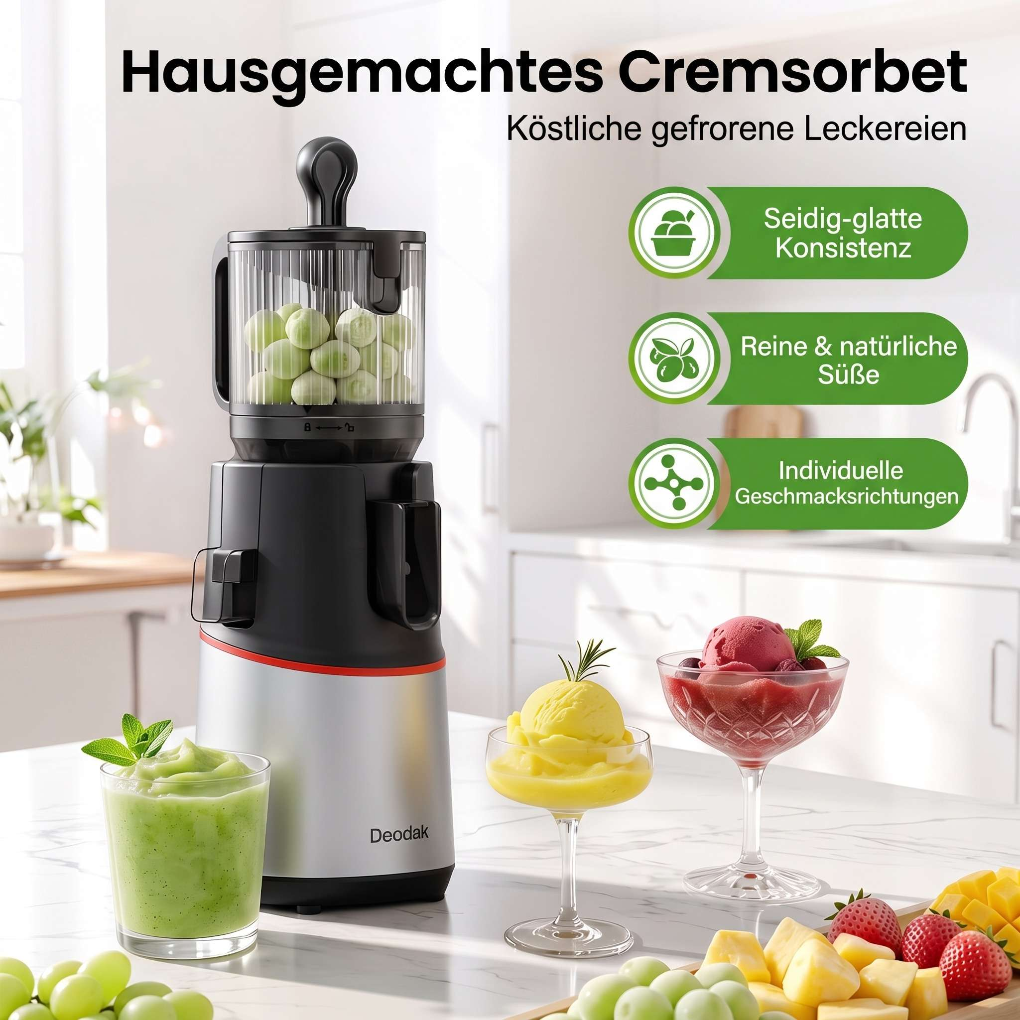 Ein Deodak Sorbet-Maker auf einer Küchentheke mit Fruchtbechern und Texten.