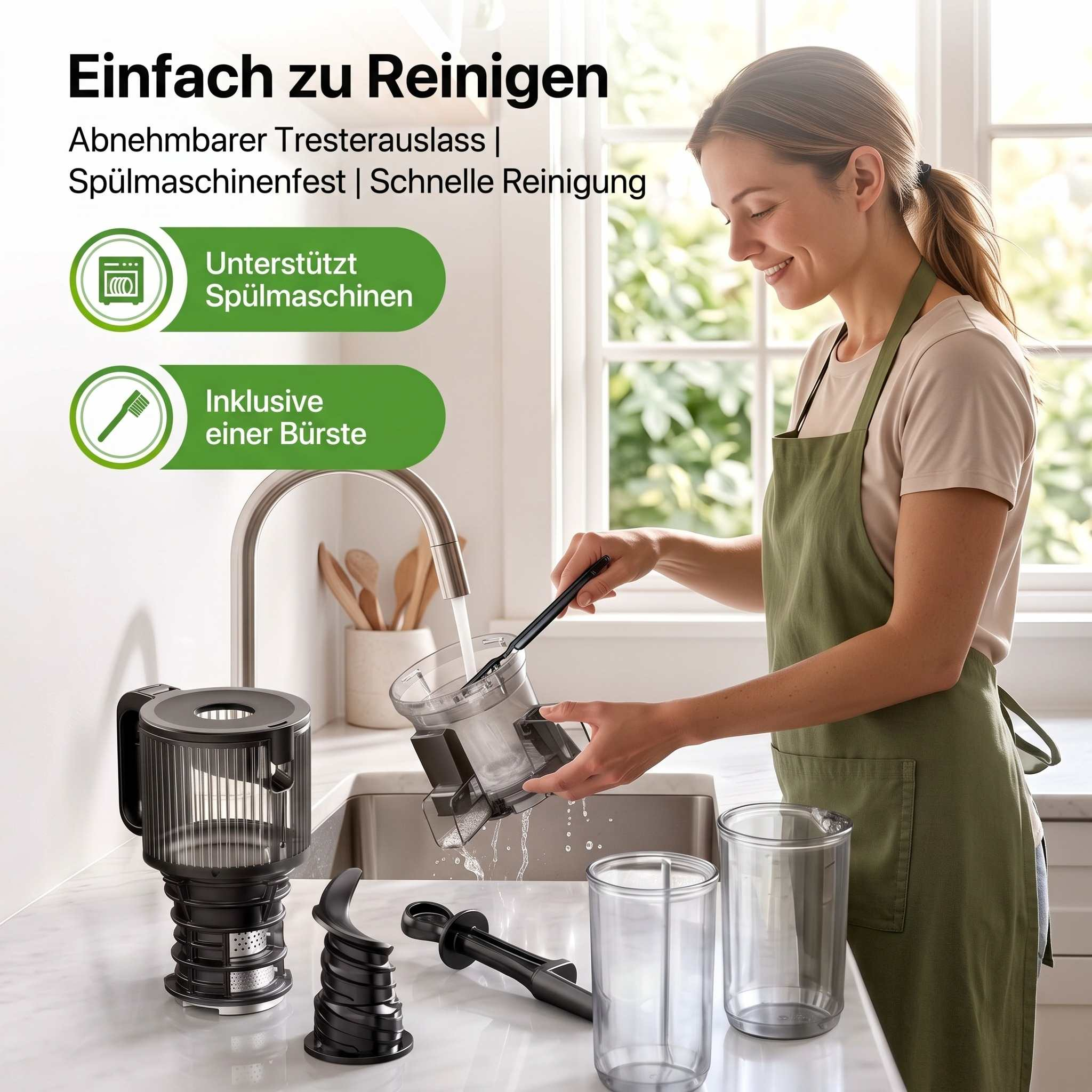 Eine Frau wäscht Säftepressenteile am Küchenwaschbecken, mit Text über einfache Reinigung.
