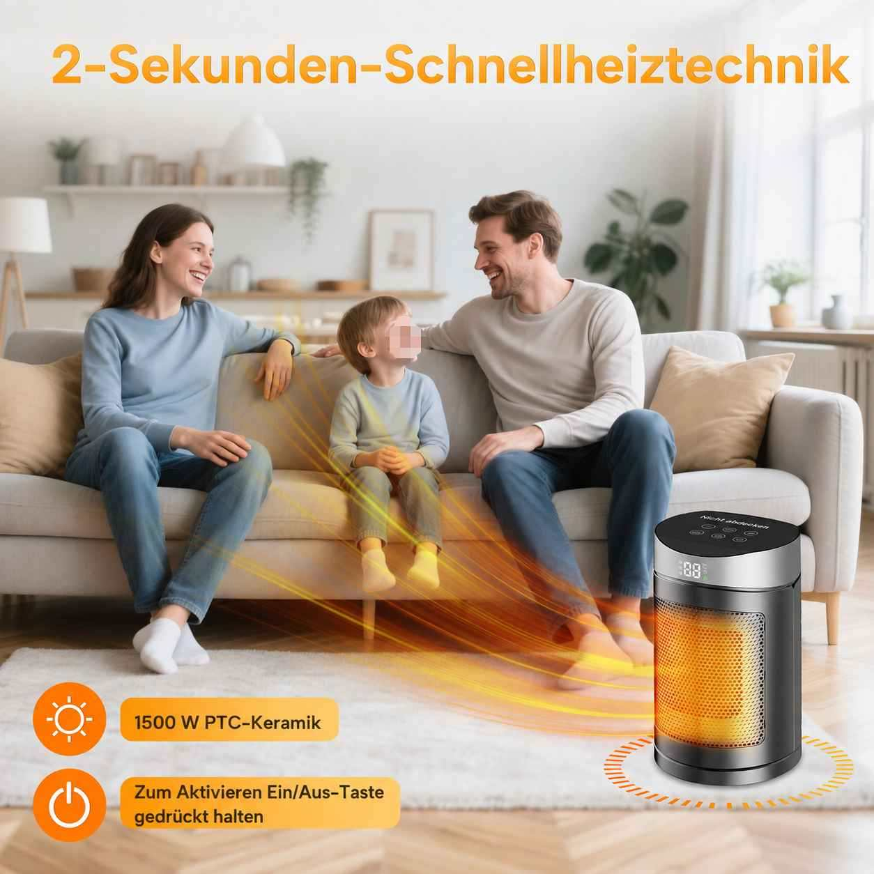 Eine Familie sitzt auf einem Sofa in einem gemütlichen Wohnzimmer, während ein kleiner Keramikheizstrahler wärmt.