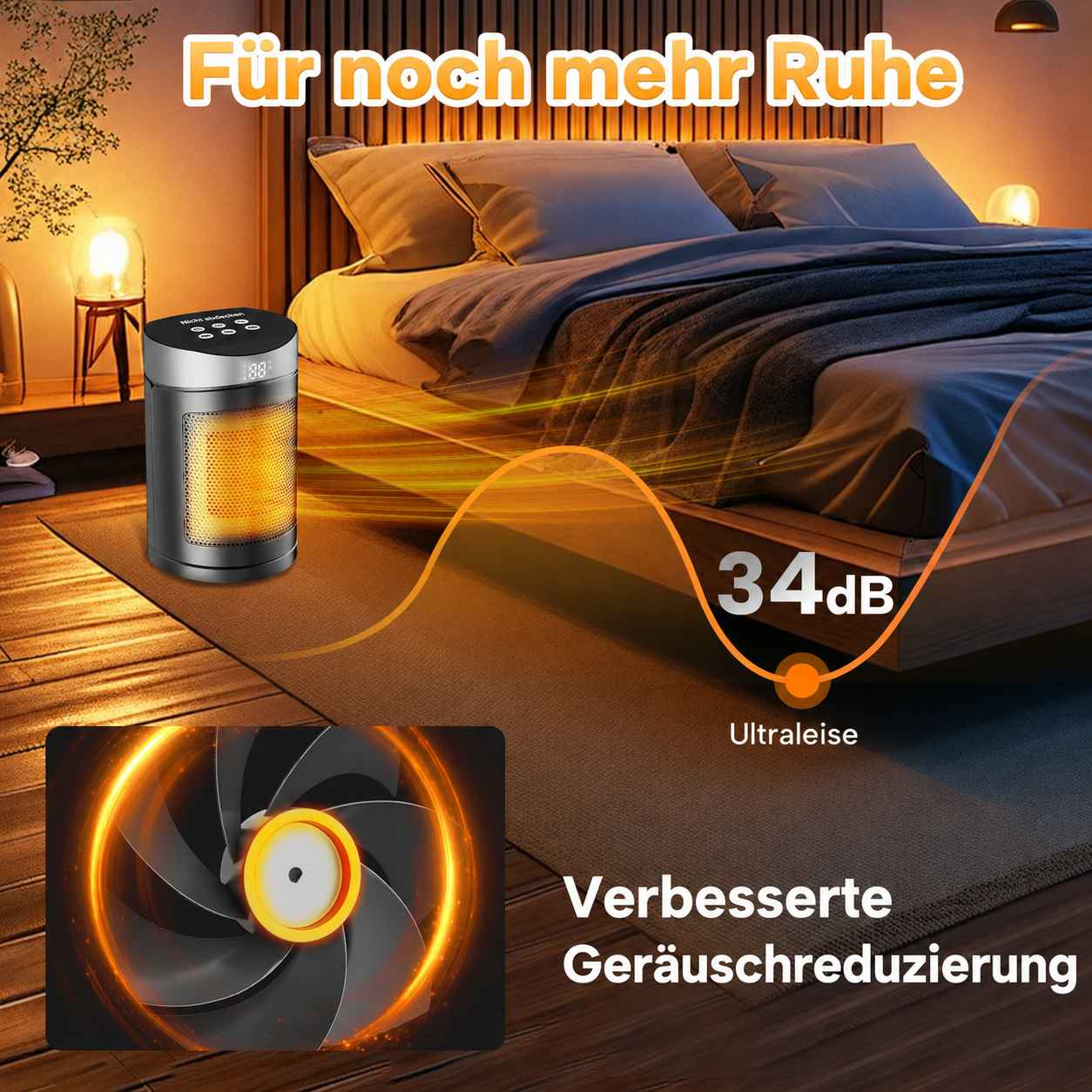 Ein leiser Heizlüfter im modernen Schlafzimmer mit warmem Licht und deutscher Beschriftung.