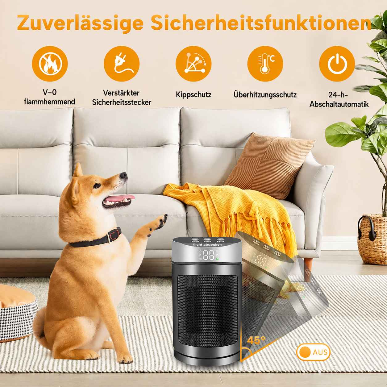 Ein Hund sitzt vor einem Heizlüfter auf einem Teppich, mit Sicherheitssymbolen über einem Sofa im Hintergrund.