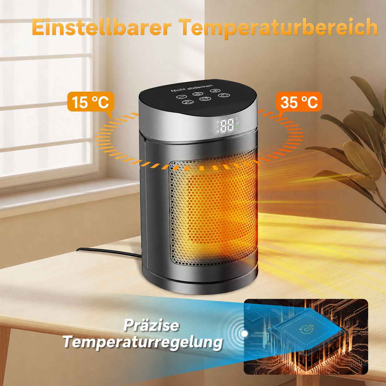 Ein zylindrischer Raumheizer mit digitaler Anzeige und orangem Heizelement steht auf einem Tisch in einem Raum.