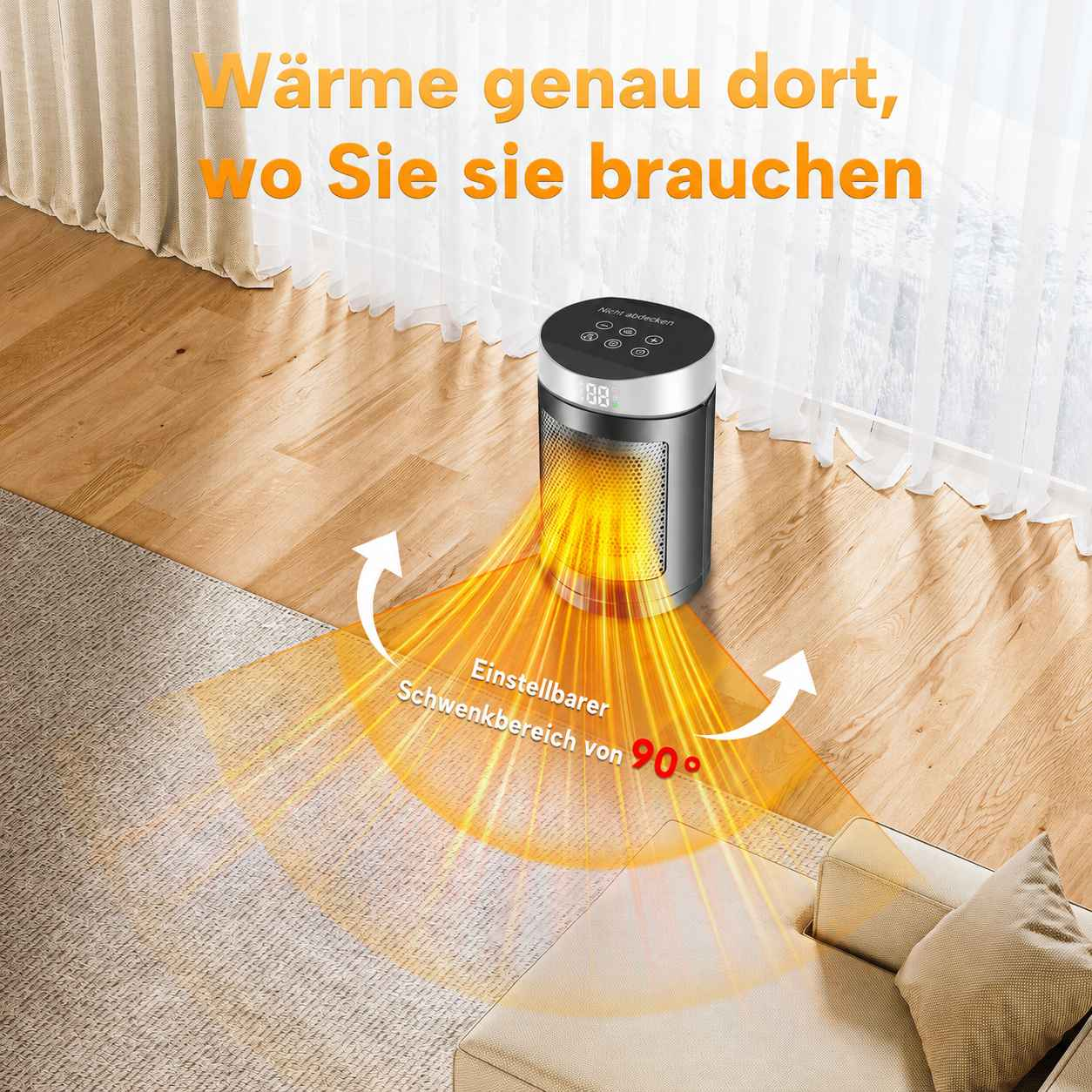 Ein zylindrischer Heizlüfter auf einem Holzfußboden strahlt orangene Wärme in einem Raum aus.