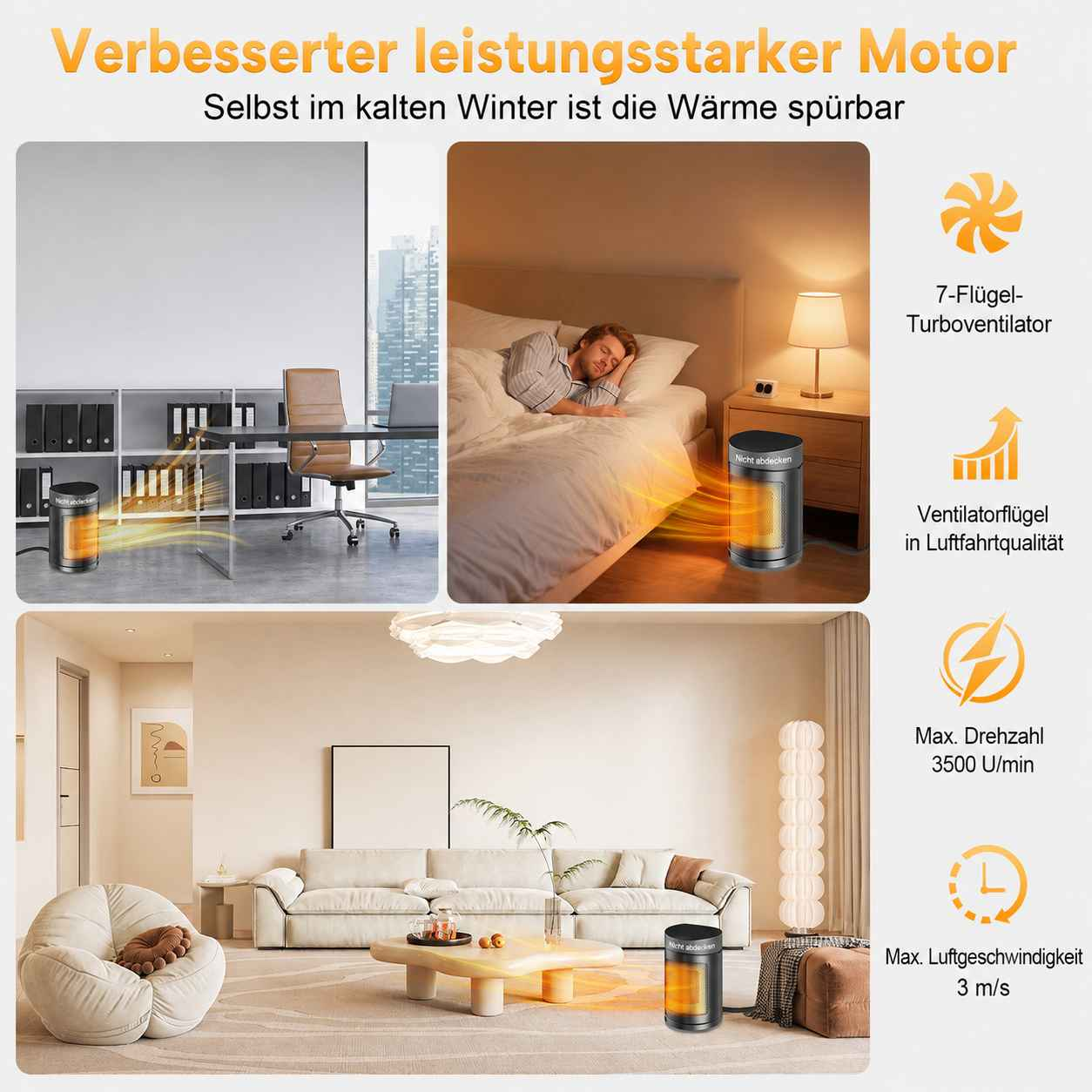 Werbebild für einen leisen, leistungsstarken Heizlüfter in verschiedenen Wohnräumen mit Produktdetails.