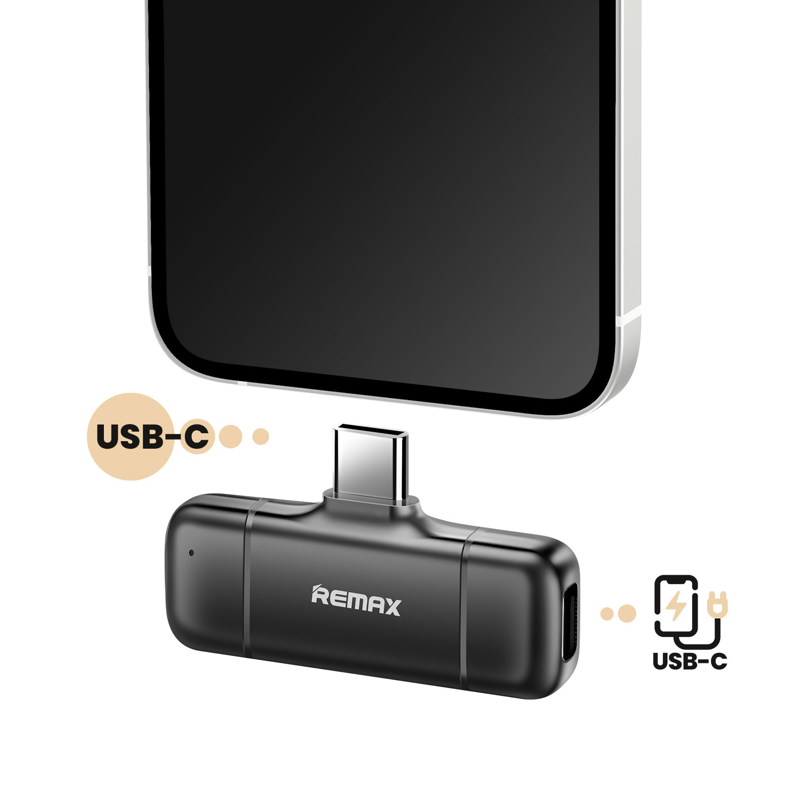 Ein schwarzer REMAX USB-C Adapter unter einem Smartphone.