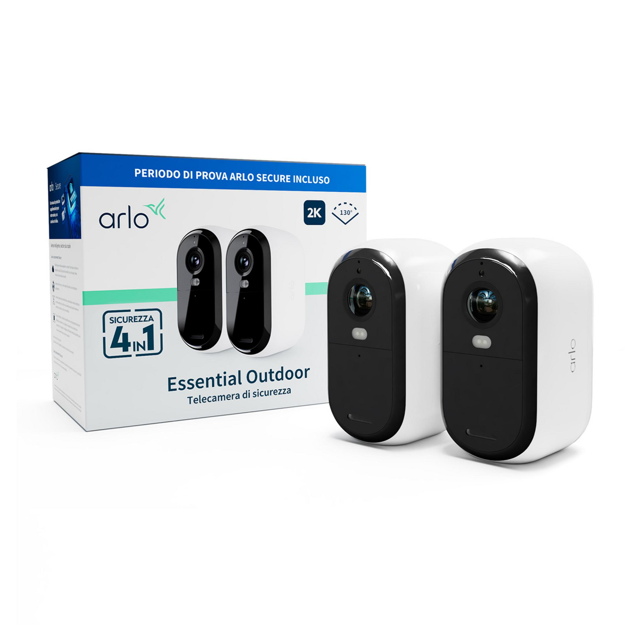 Zwei weiße und schwarze Arlo Essential Outdoor Überwachungskameras neben ihrer Produktverpackung.