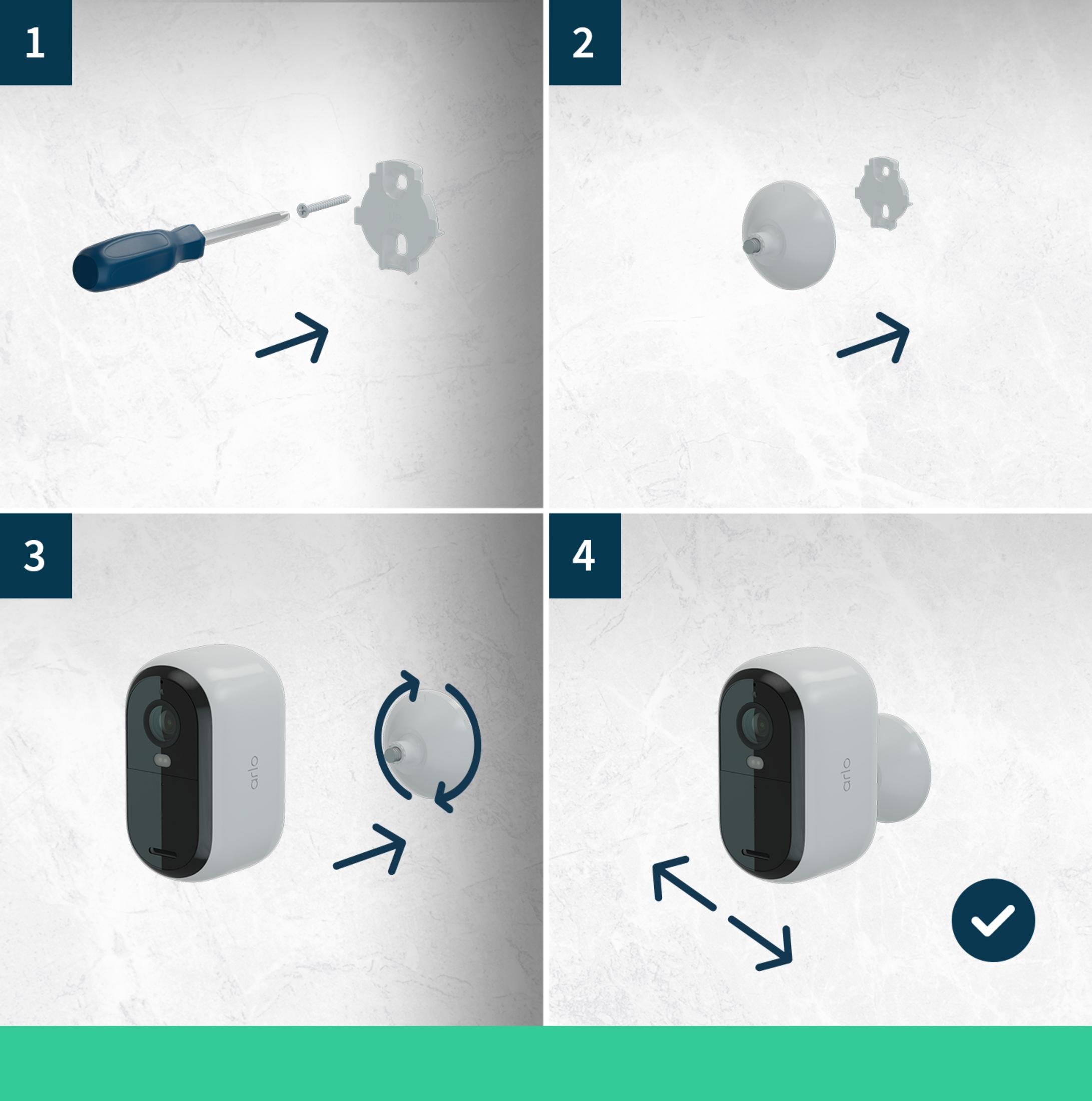 Vierteiliges Diagramm zur Montage einer Arlo Überwachungskamera mit Schraubenzieher, Halterung und Schraube.