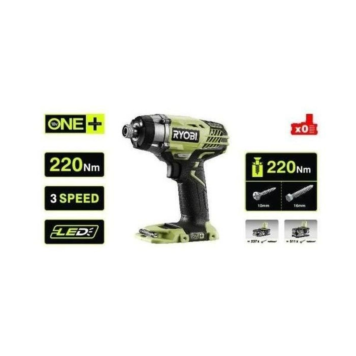 Un avvitatore a impatto a batteria verde e nero Ryobi con icone delle funzioni, su sfondo bianco.