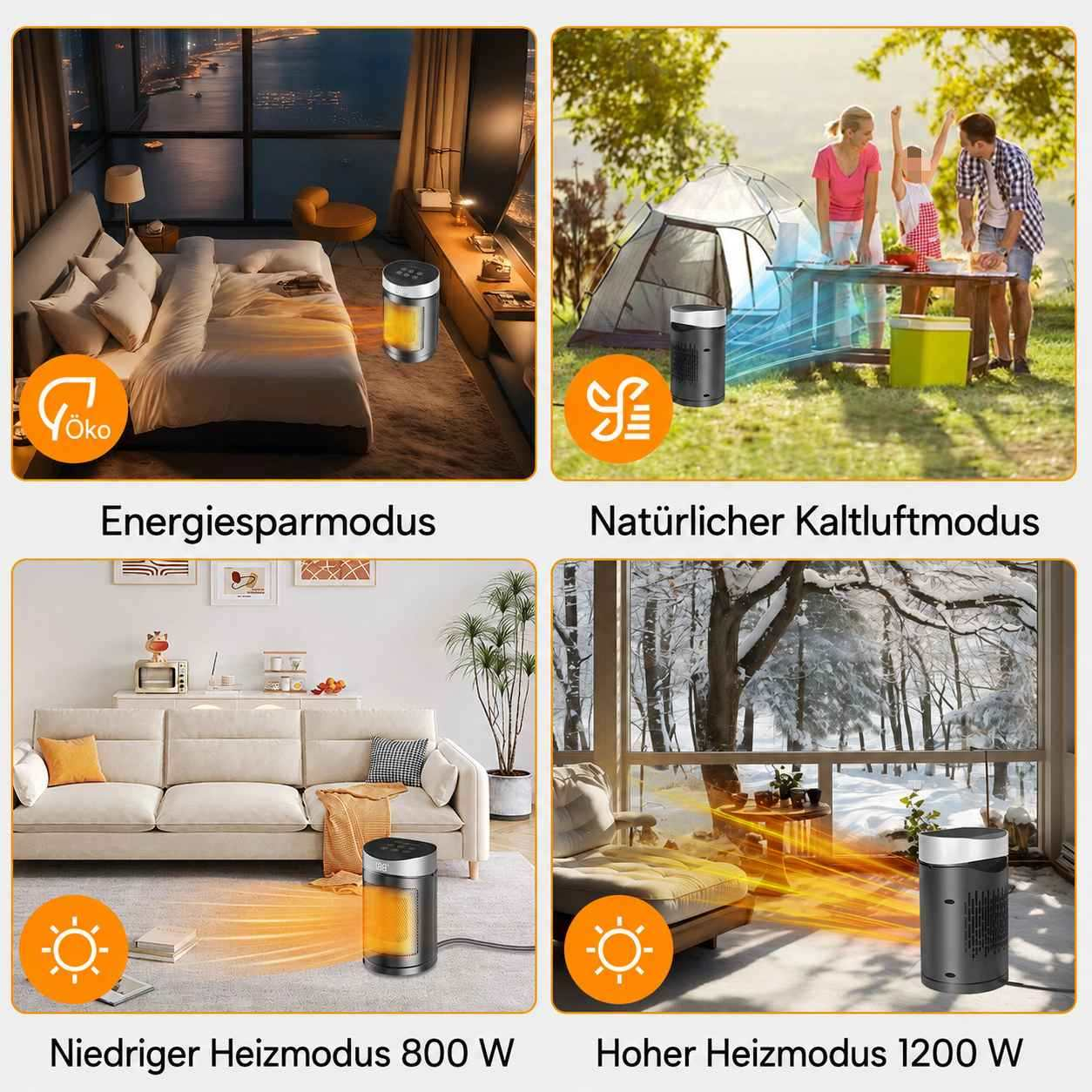 Vier Bilder zeigen den Heiz- und Kaltluftmodus eines kleinen Säulenheizgeräts in verschiedenen Umgebungen.