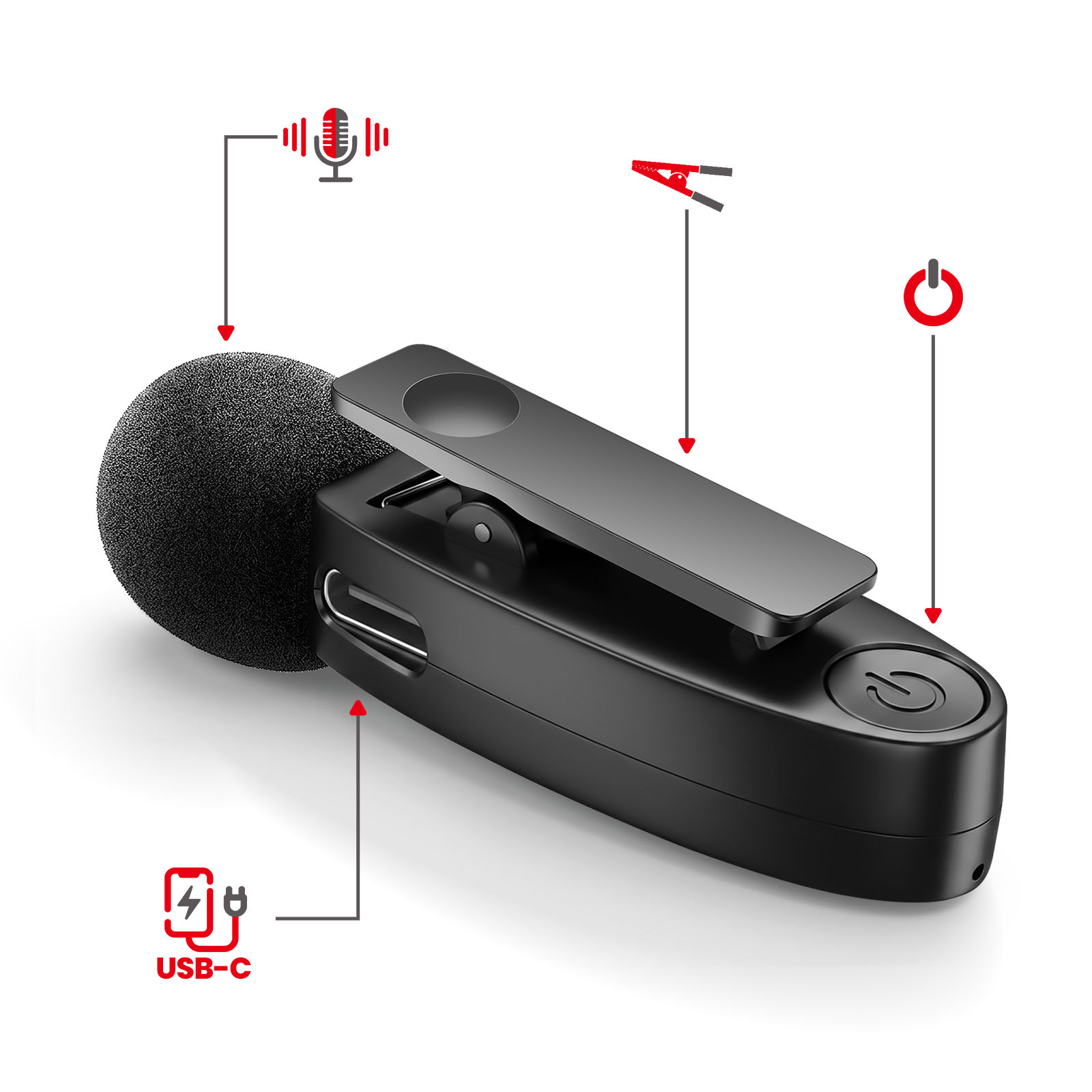 Schwarzes Ansteckmikrofon mit Schaumstoff-Windschutz, USB-C-Anschluss, Clip und Ein-Aus-Taste auf weißem Hintergrund.