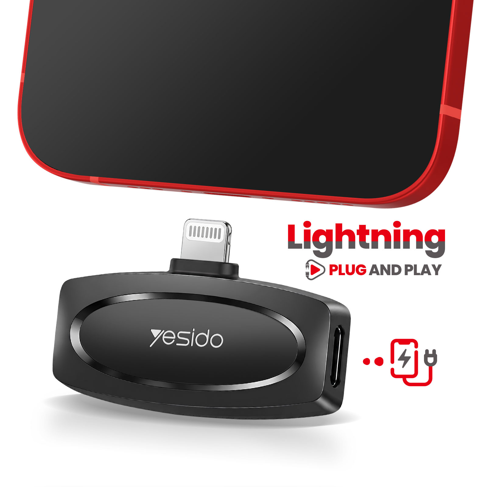 Ein schwarzer Yesido Lightning-Stecker-Adapter unter einem roten Smartphone vor weißem Hintergrund.