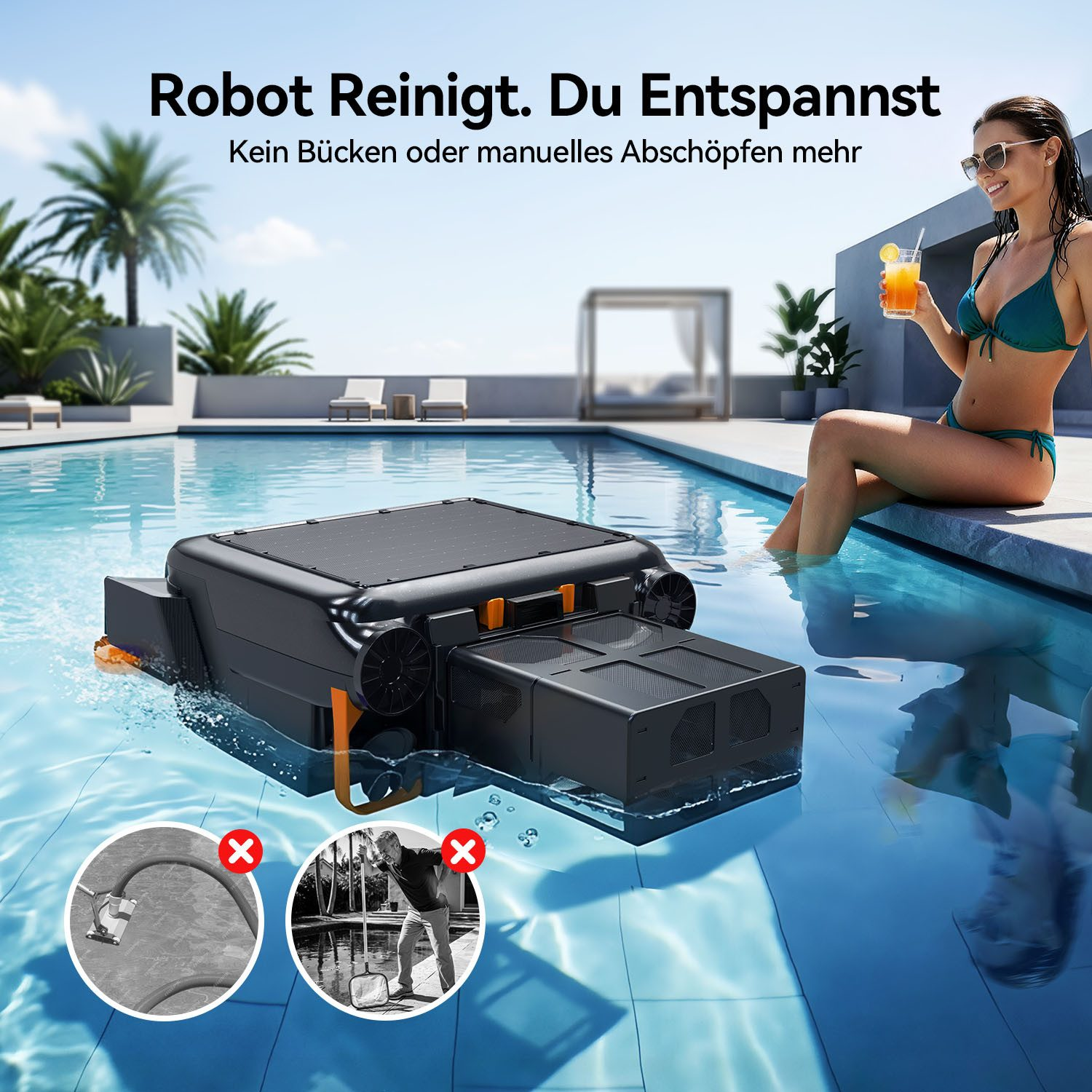 Ein schwarzer Pool-Roboter reinigt das Wasser, während eine Frau am Beckenrand mit einem Getränk entspannt.