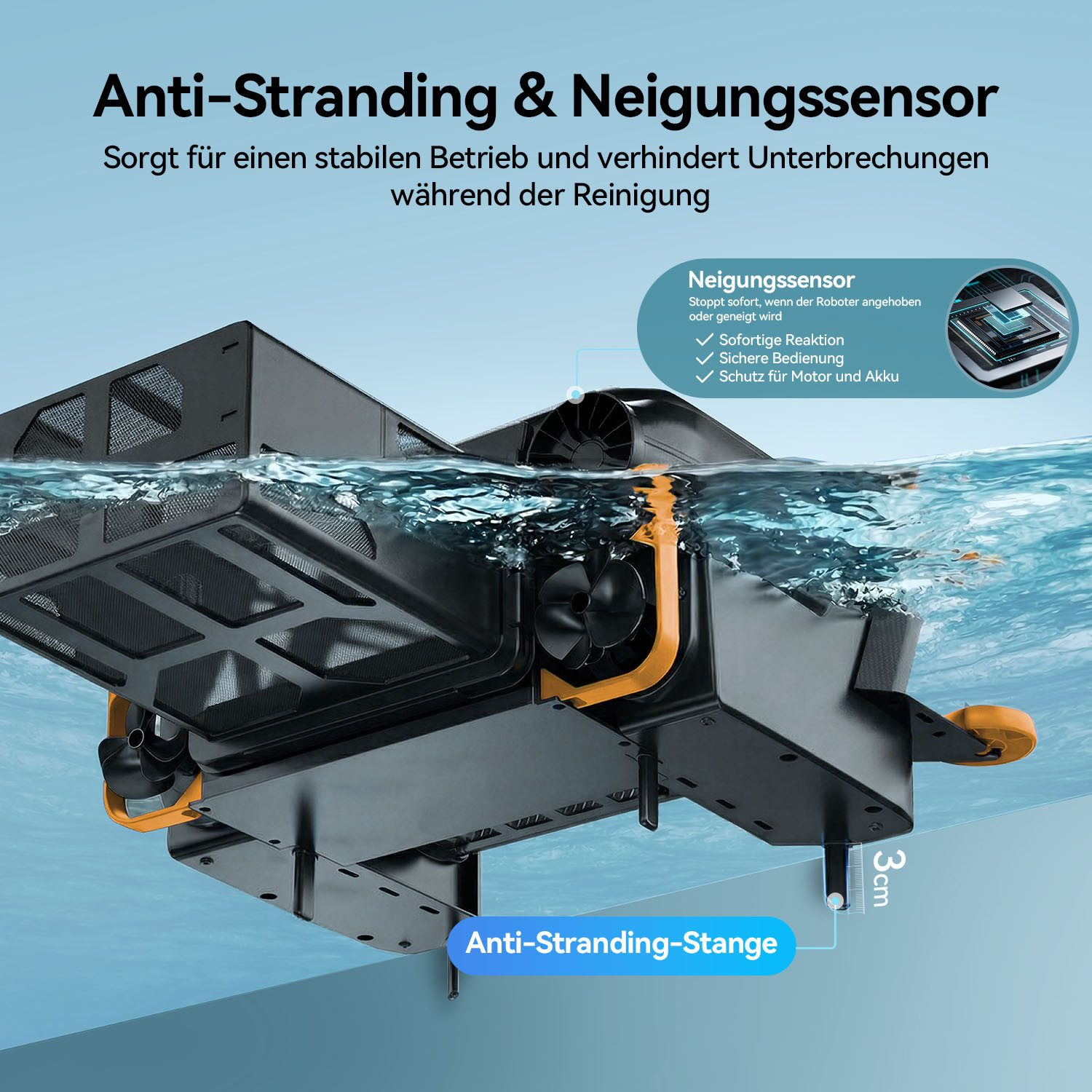 Ein schwarzer Pool-Roboter unter Wasser mit Anti-Strand-Stange und Neigungssensor.