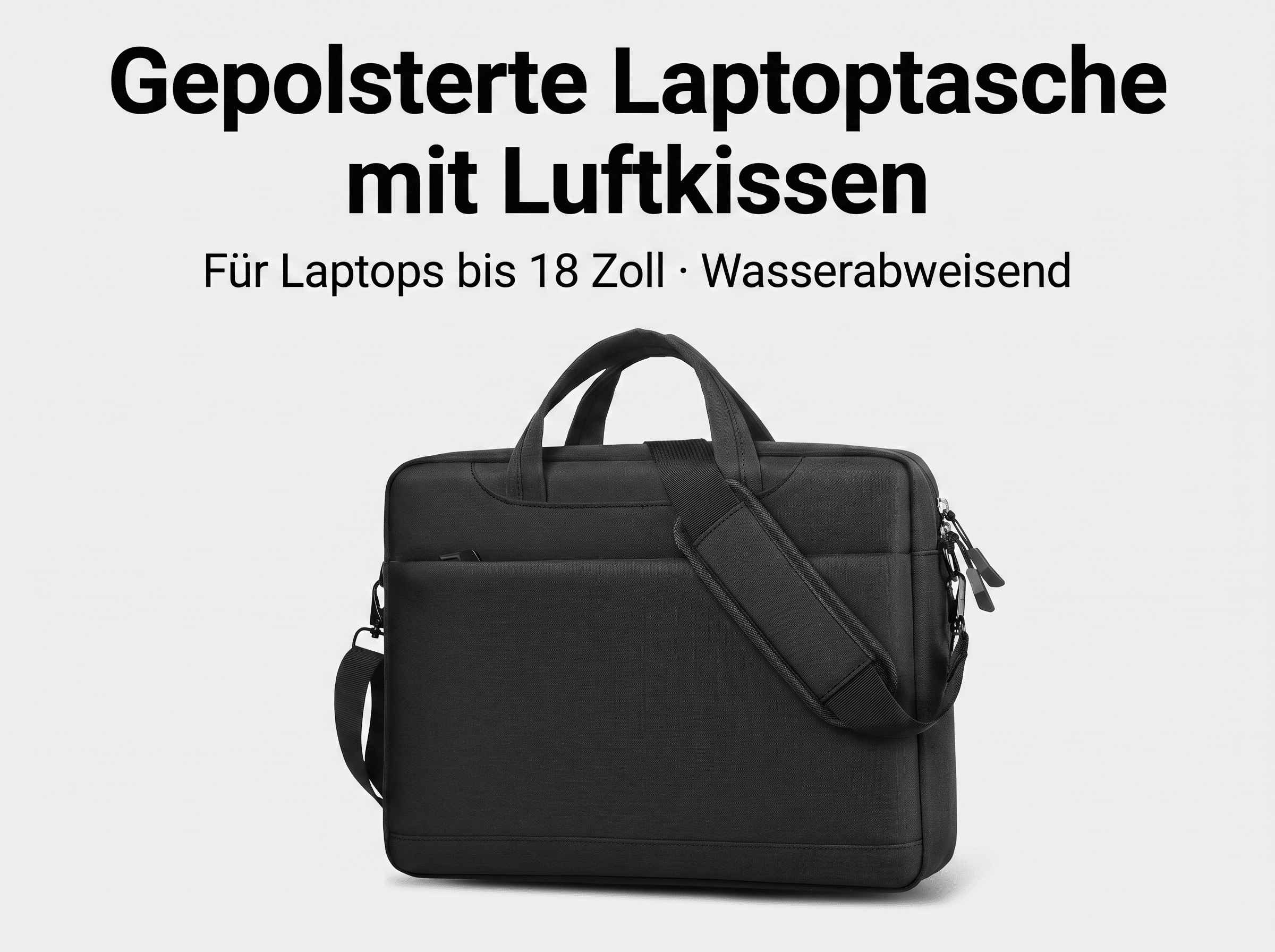 Eine schwarze, gepolsterte Laptoptasche mit Henkeln und Schultergurt vor hellgrauem Hintergrund mit deutschem Text.