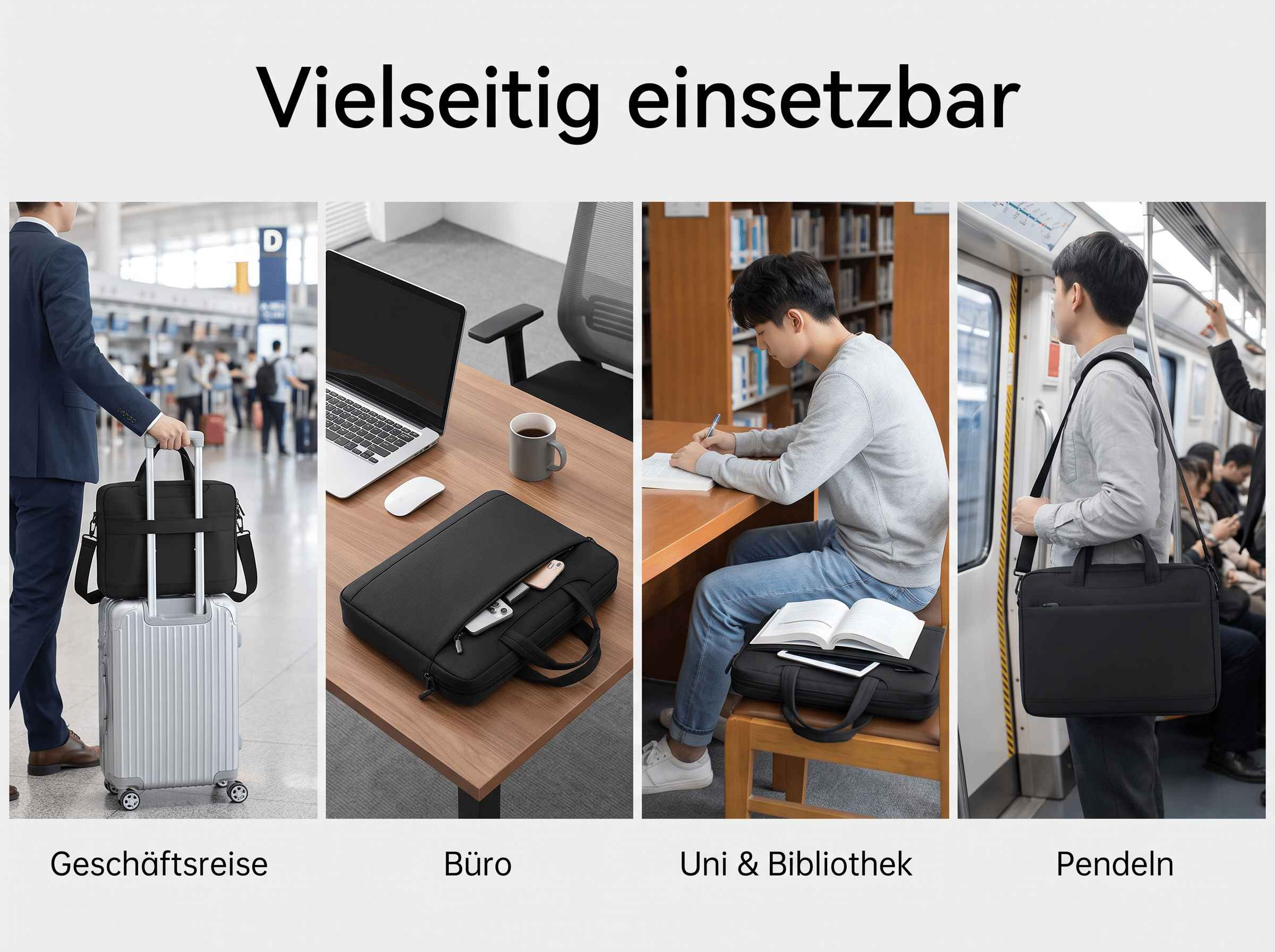 Vier Bilder zeigen eine schwarze Laptoptasche im Einsatz auf Geschäftsreise, im Büro, in der Bibliothek und beim Pendeln.