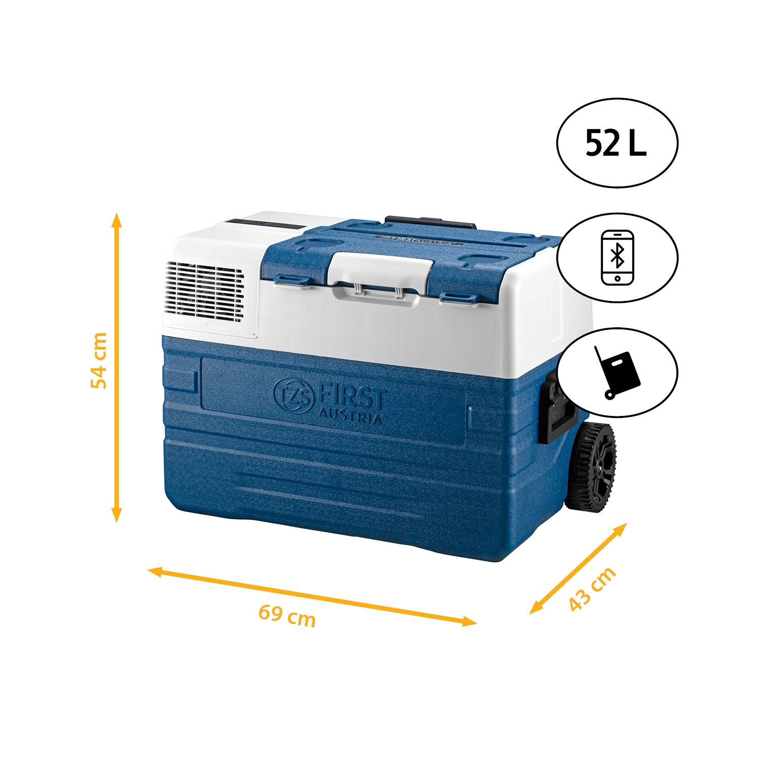 Blaue und weiße 52L Kühlbox mit Rollen, Bluetooth und Maßen von 69x54x43 cm.