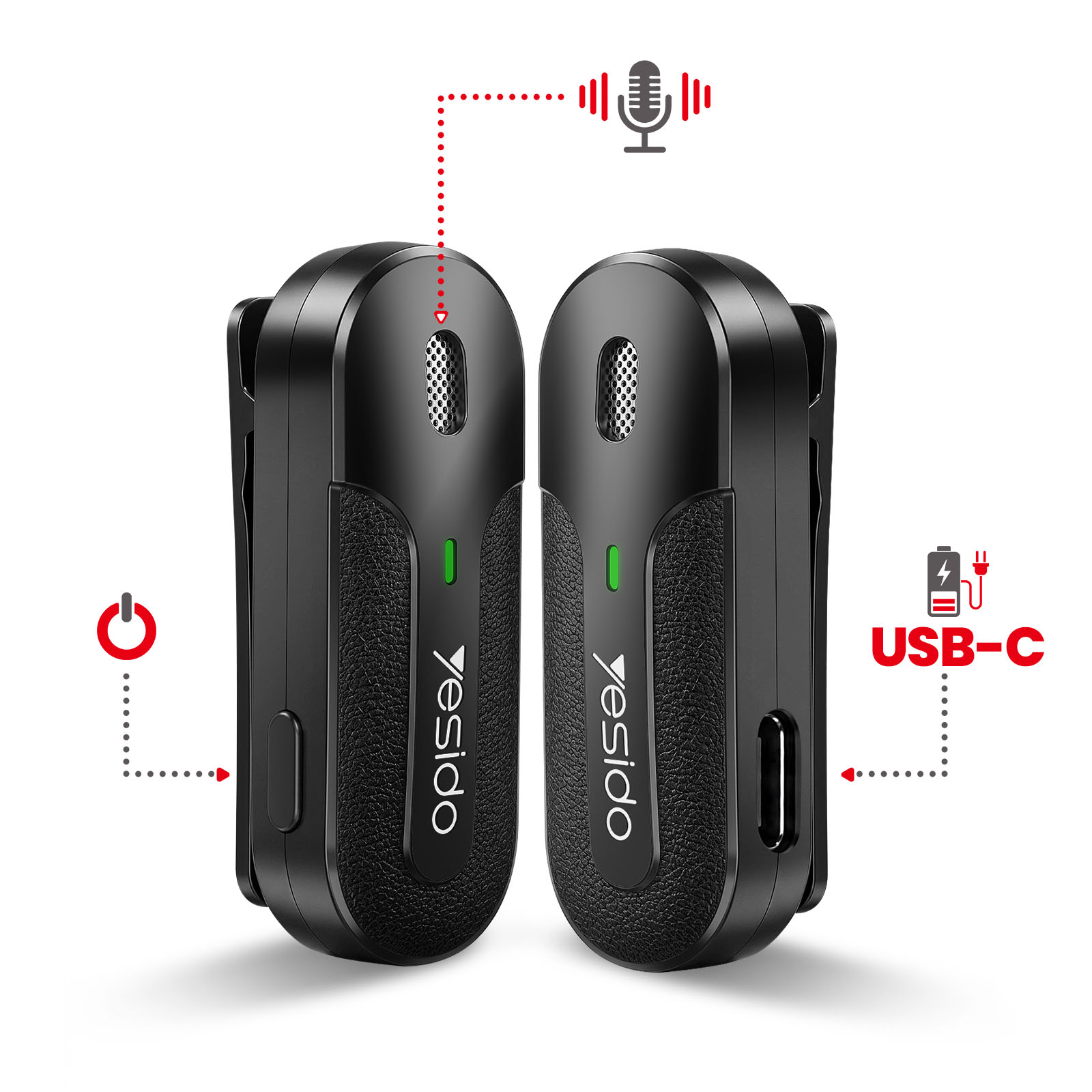 Zwei schwarze Yesido-Mikrofone mit USB-C-Anschluss und Power-Symbol auf weißem Hintergrund.