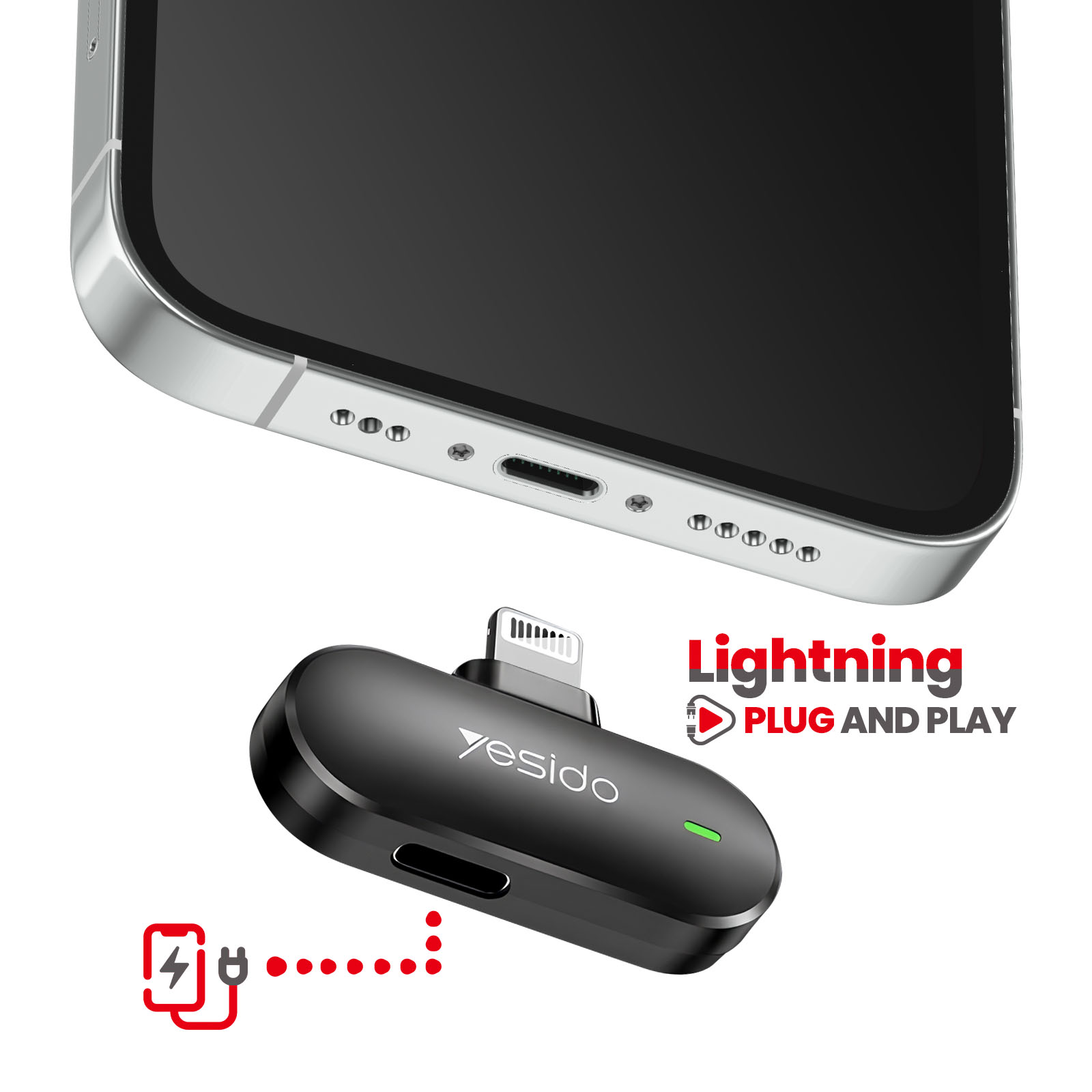 Ein schwarzer Yesido-Blitzadapter liegt unter einem iPhone und zeigt die Stecker und Symbole.