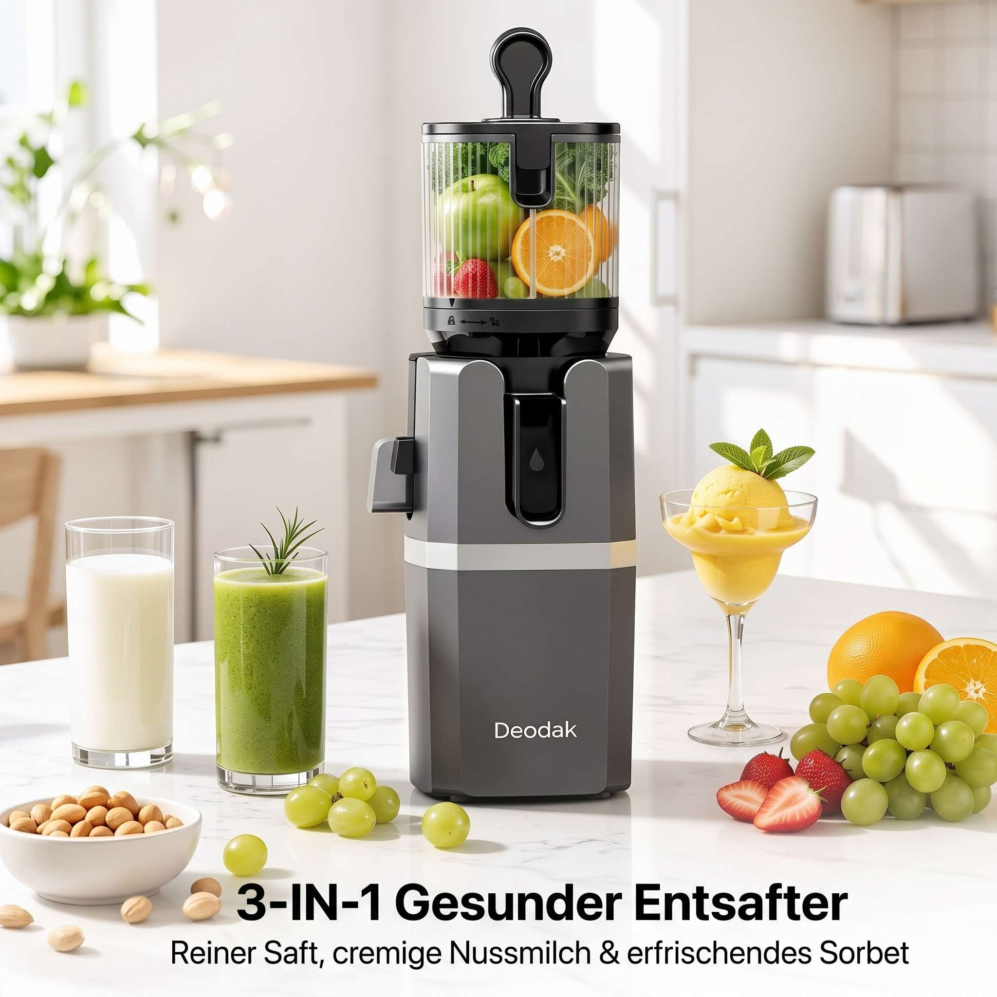 Grauer Deodak 3-in-1-Entsafter auf einer Küchentheke mit Milch, Säften, Obst und Nüssen.