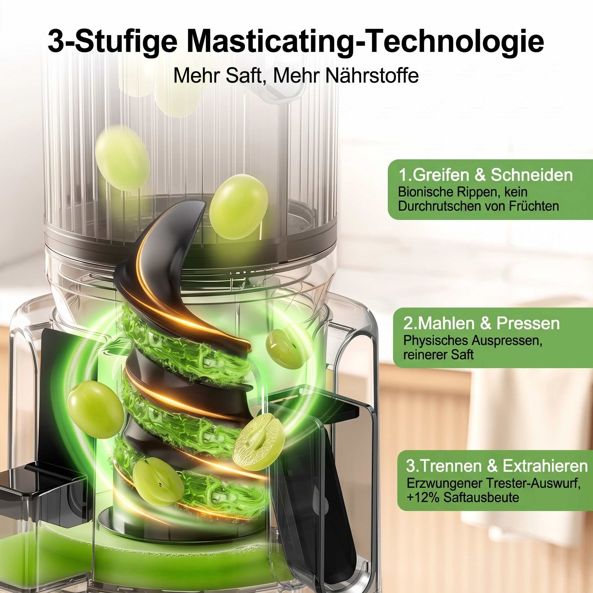 Diagramm einer 3-stufigen Entsafter-Technologie mit Trauben, die durch eine Schnecke verarbeitet werden.