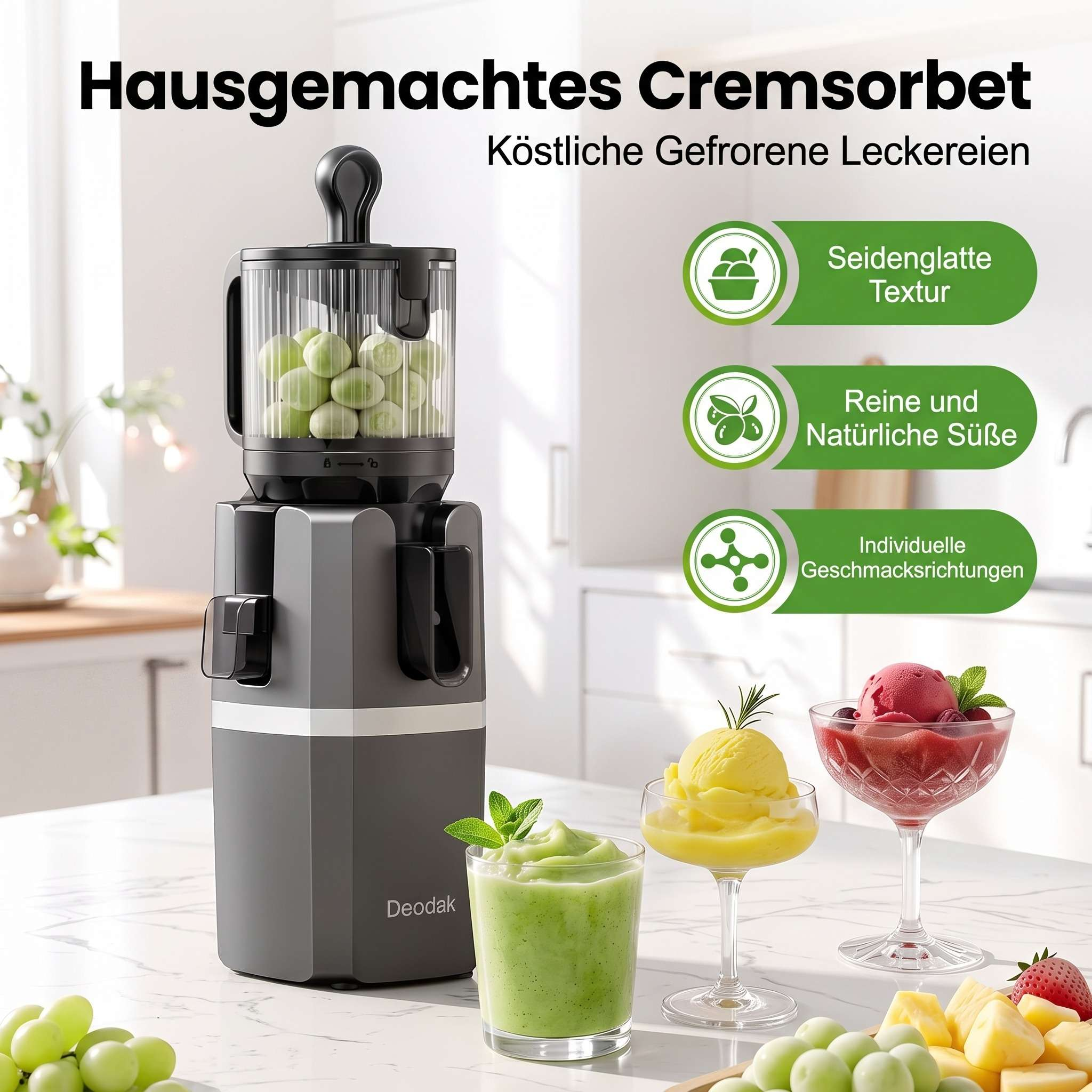 Deodak Eismaschine auf weißem Tisch mit Fruchteis und grünen Trauben in einer Küche.