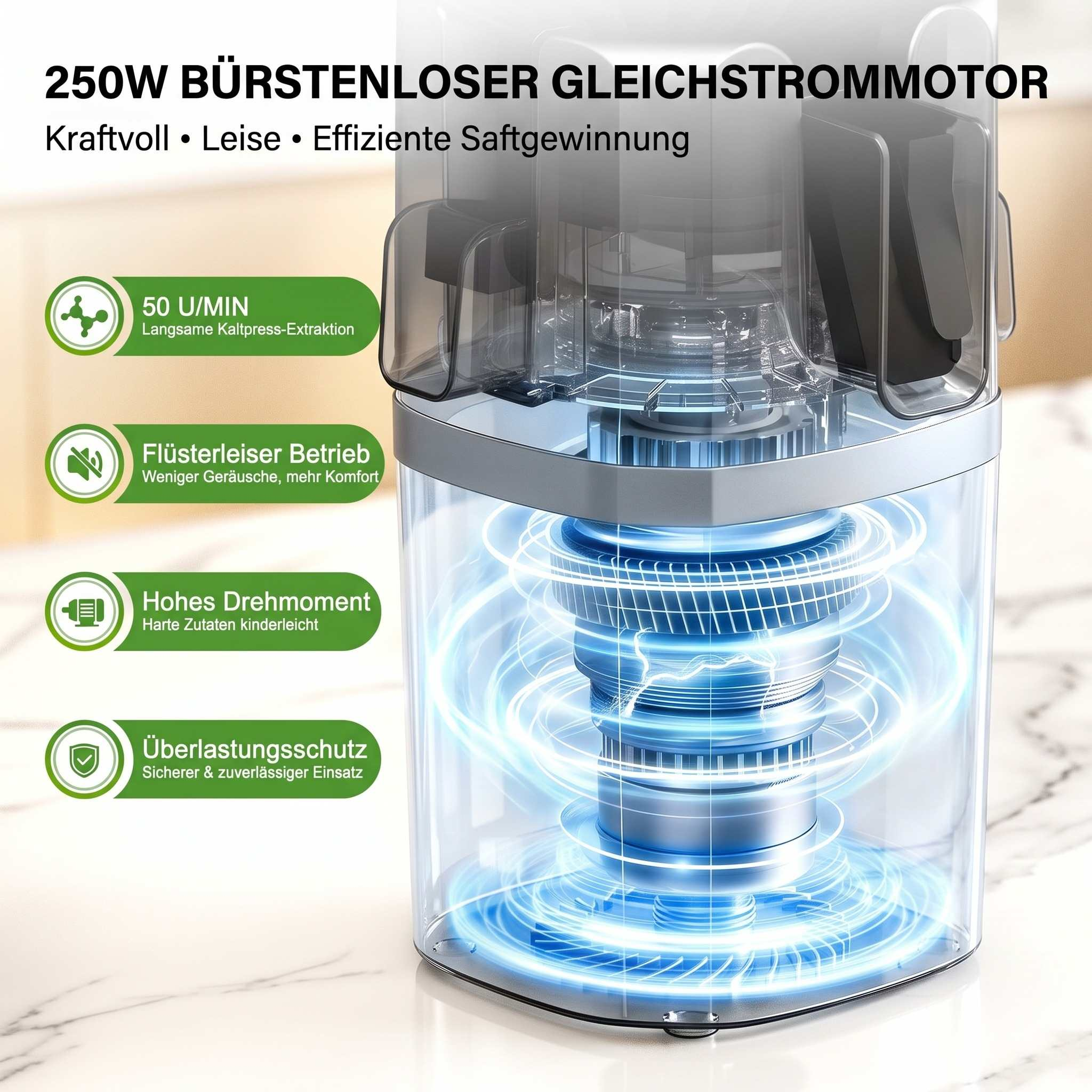 Diagramm eines bürstenlosen 250W Gleichstrommotors in einem Juicer mit Merkmalen wie 50 U/min und leisem Betrieb.