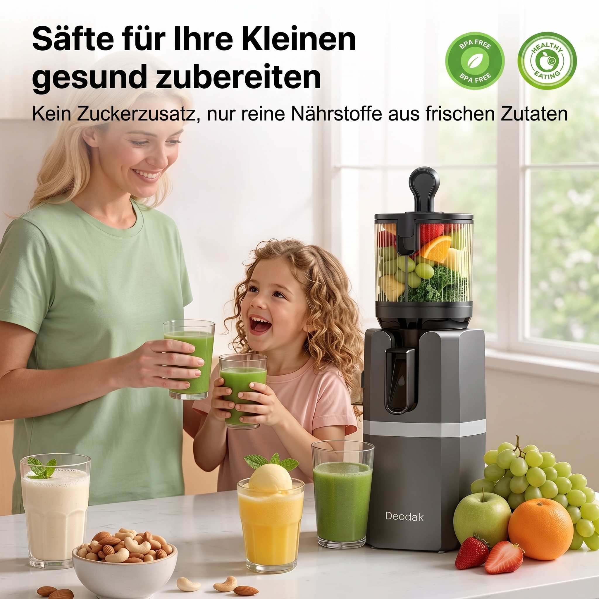Eine Frau und ein Mädchen lächeln, während sie grüne Säfte neben einem Entsafter und frischem Obst halten.