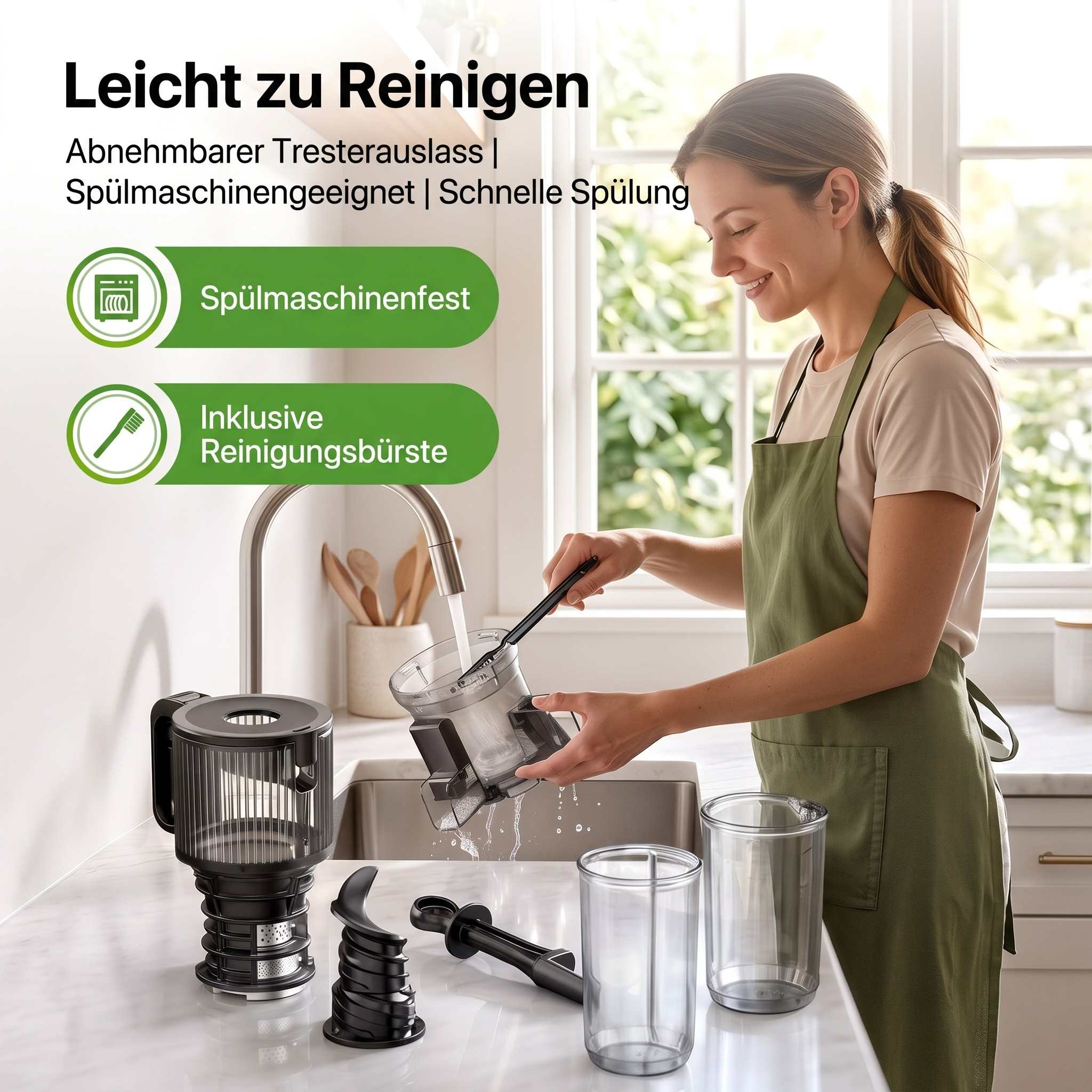 Eine Frau wäscht in einer hellen Küche die Teile eines Entsafters im Spülbecken ab.