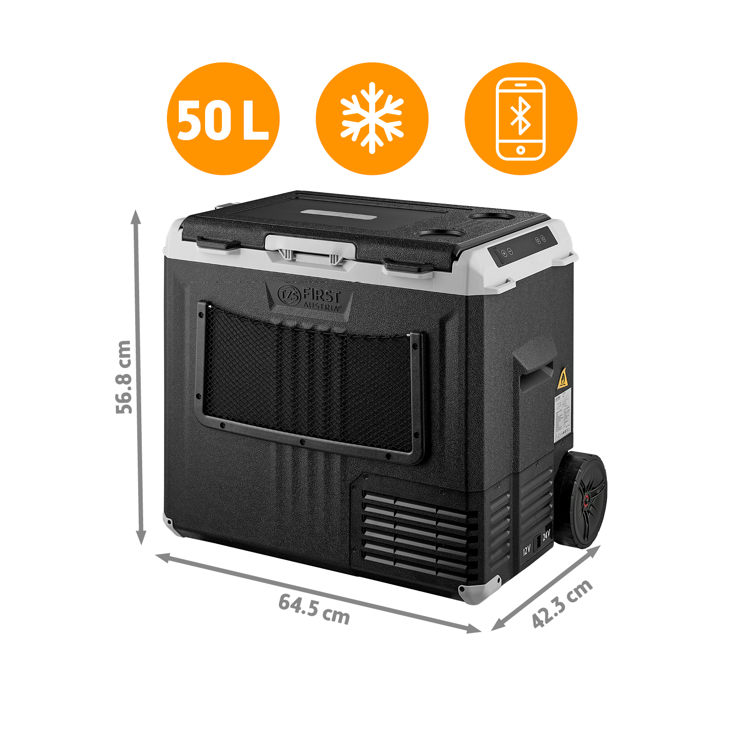 Schwarze 50L Kühlbox mit Bluetooth, Kühl-Symbol und Abmessungen 64,5x42,3x56,8 cm auf weißem Hintergrund.