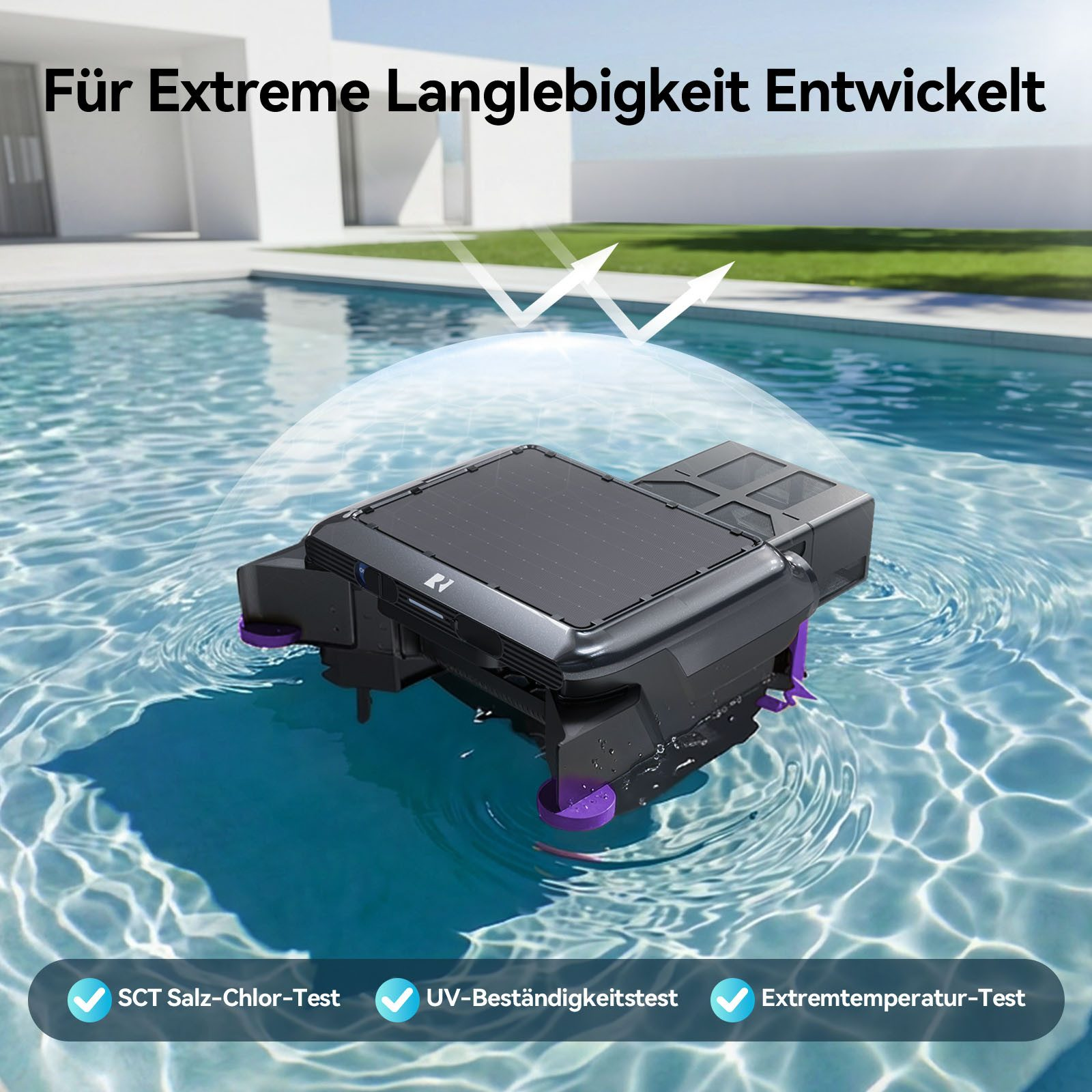 Ein schwarzer Pool-Roboter schwimmt in einem Pool, geschützt unter einer transparenten Kuppel vor Umwelteinflüssen.