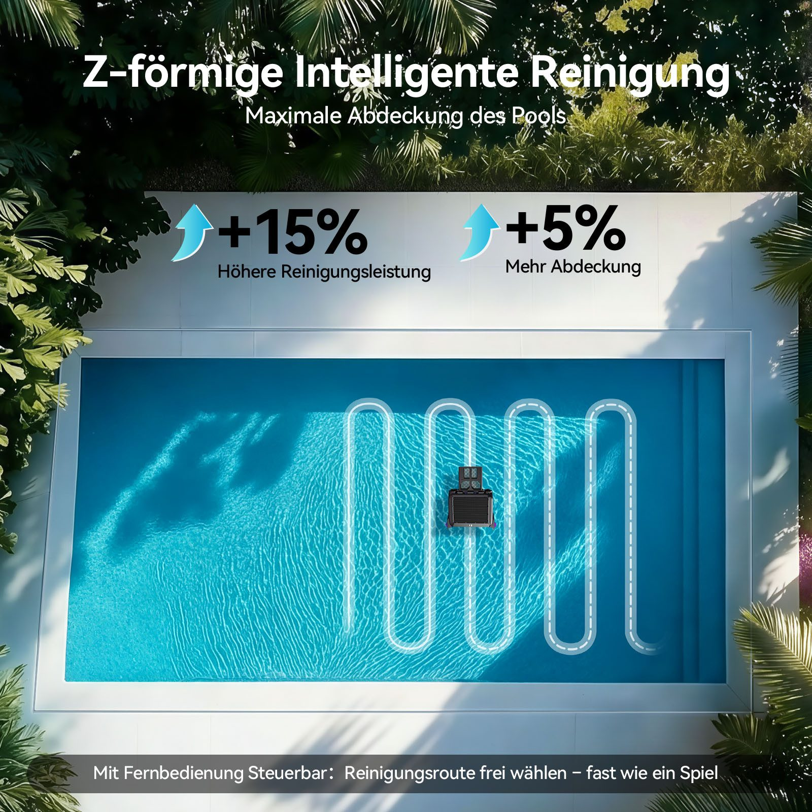 Poolroboter reinigt ein blaues Schwimmbecken in Z-Form, umgeben von tropischen Pflanzen und Textgrafiken.