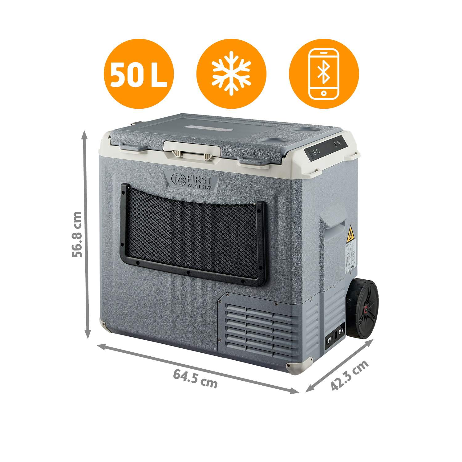 Graue Kühlbox mit Rädern, 50L Fassungsvermögen, Maßen und drei orangen Symbolen oben.