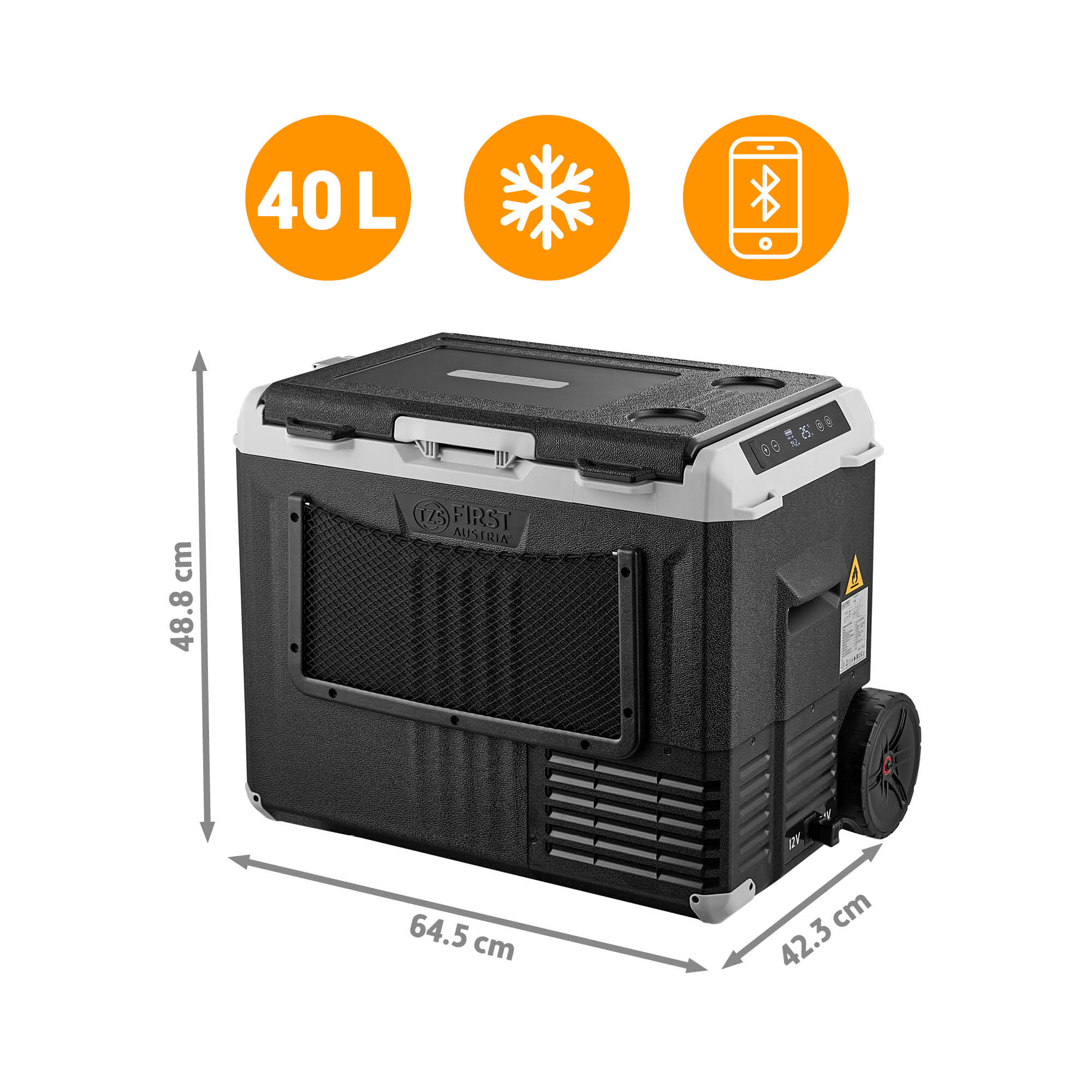 Schwarze 40L Kompressor-Kühlbox mit Rädern und Maßangaben.