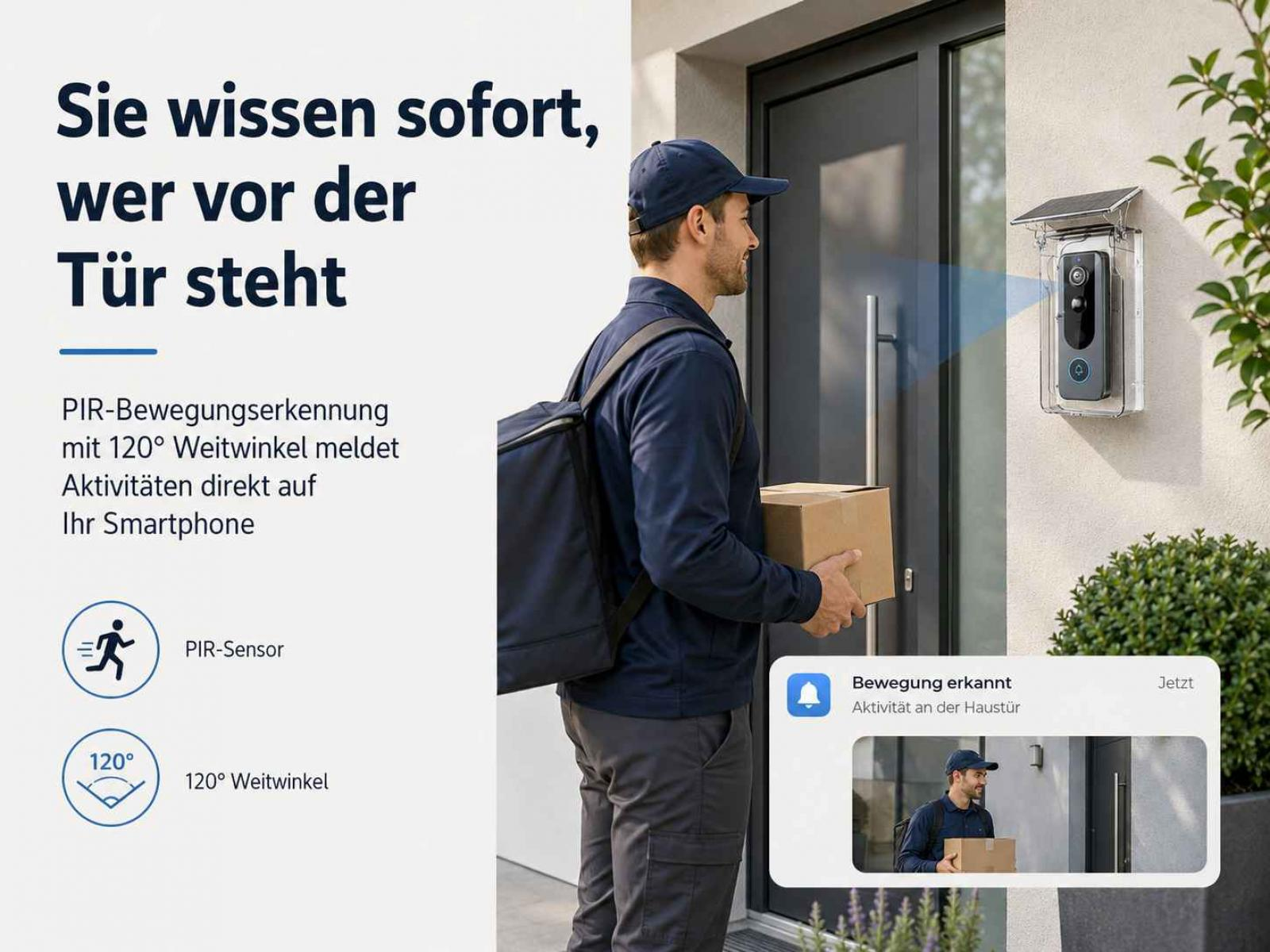 Ein Zusteller steht an einer Haustür mit einer Videoklingel an der Wand.