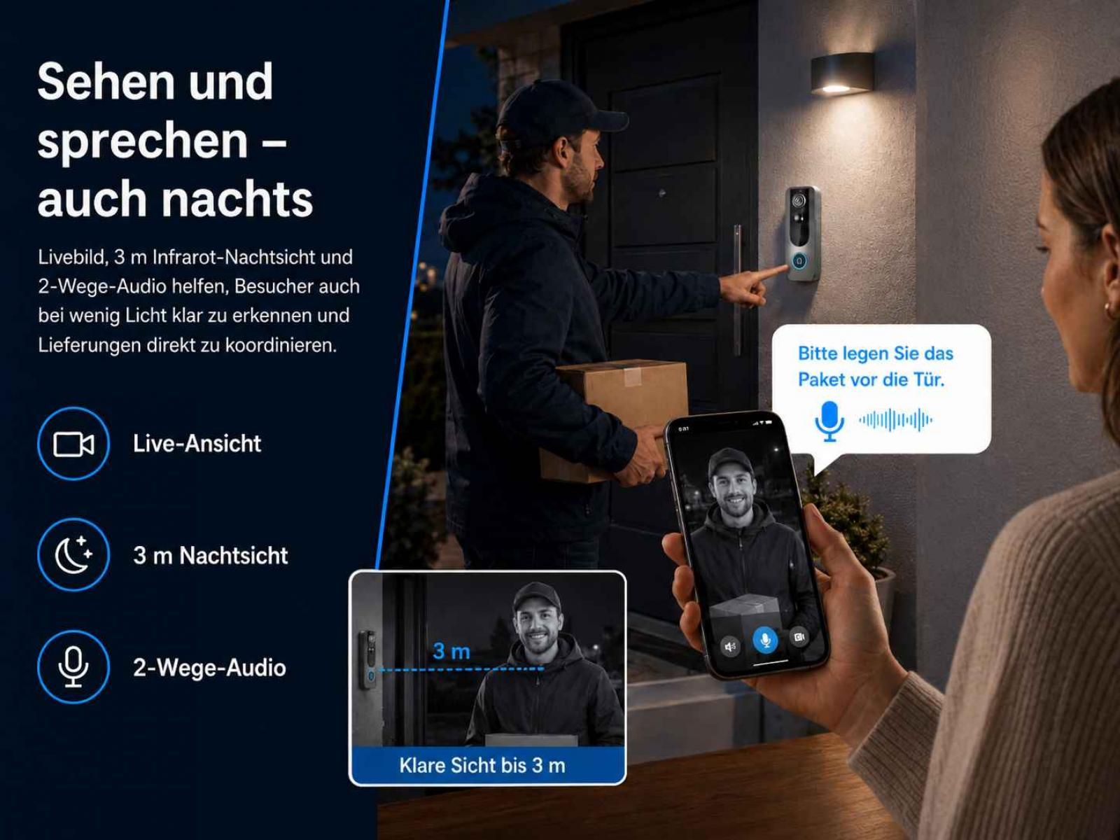 Eine Frau sieht auf dem Smartphone die Live-Ansicht einer Videotürklingel mit einem Paketboten an der Haustür.