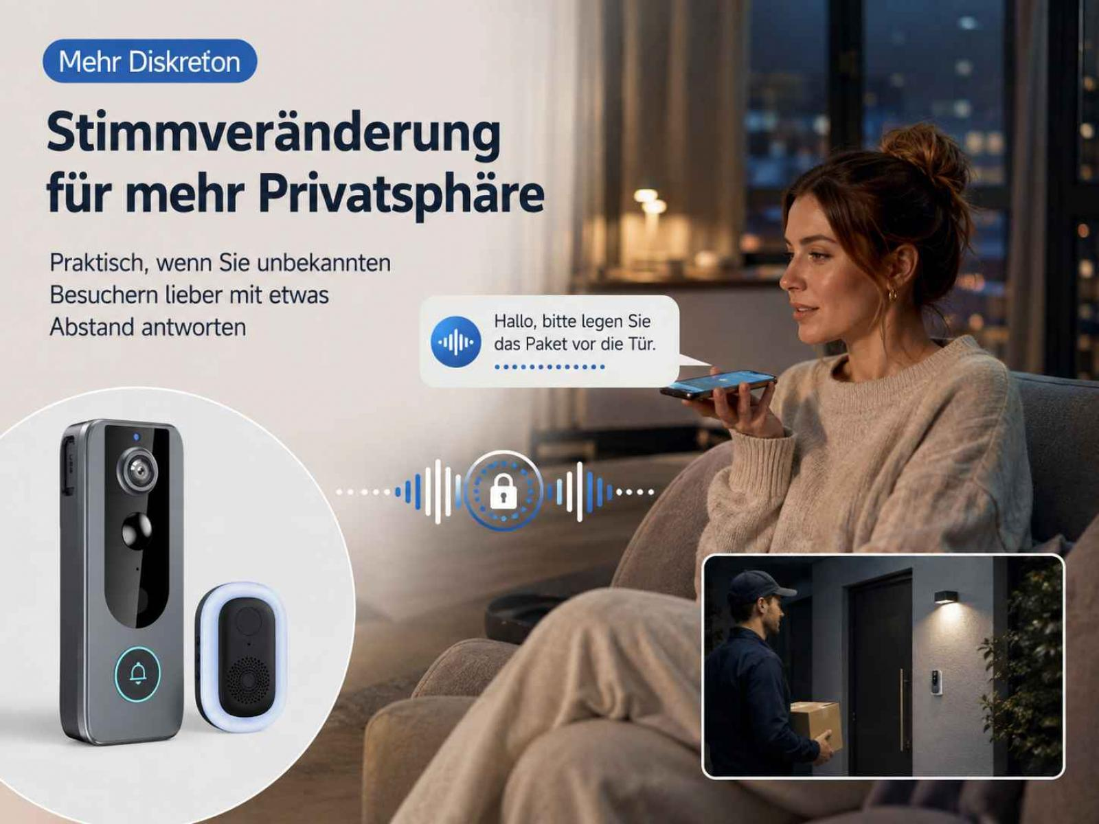 Eine Frau spricht in ihr Smartphone, um ihre Stimme mit einer Video-Türklingel für mehr Privatsphäre zu verändern.