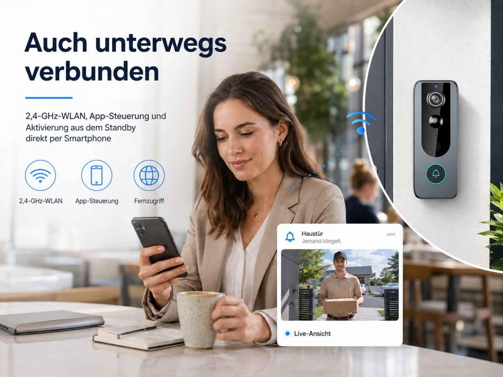 Frau sitzt im Café, nutzt Smartphone zur Ansicht einer WLAN-Türklingel mit Live-Bild und Paketbotem.